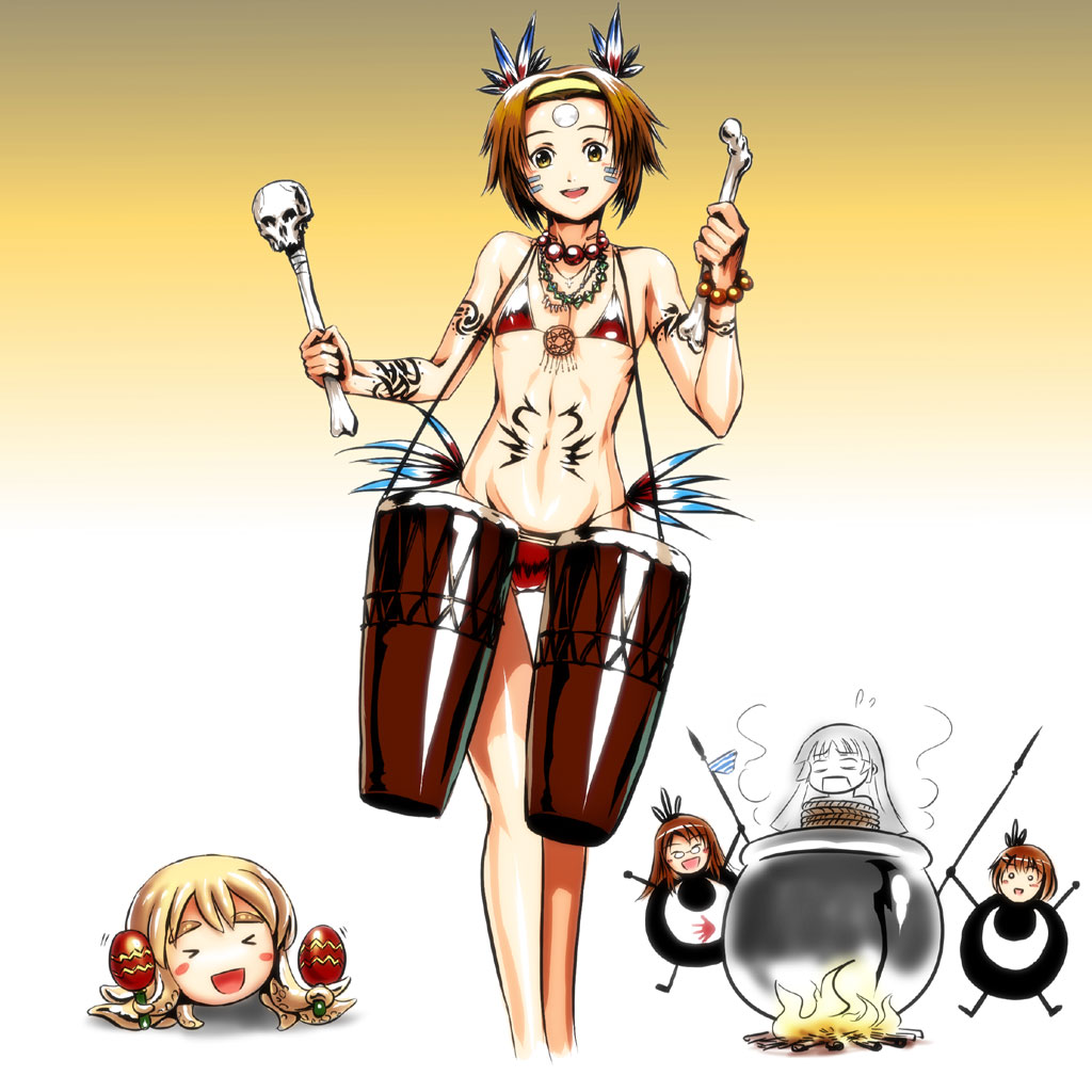 s zenith lee, akiyama mio, hirasawa yui, kotobuki tsumugi, megurine luka, tainaka ritsu, takoluka, yamanaka sawako, k-on!, patapon, tied up, 5girls, bikini, bone, bound, brown eyes, brown hair, cannibalism, cauldron, drum, facepaint, fire, flat chest, hairband, ho-kago tea time, instrument, maracas, multiple girls, panties, parody, skull, smile, striped bikini, striped clothes, striped panties, swimsuit, tattoo, tentacles, tomboy, tribal, underwear