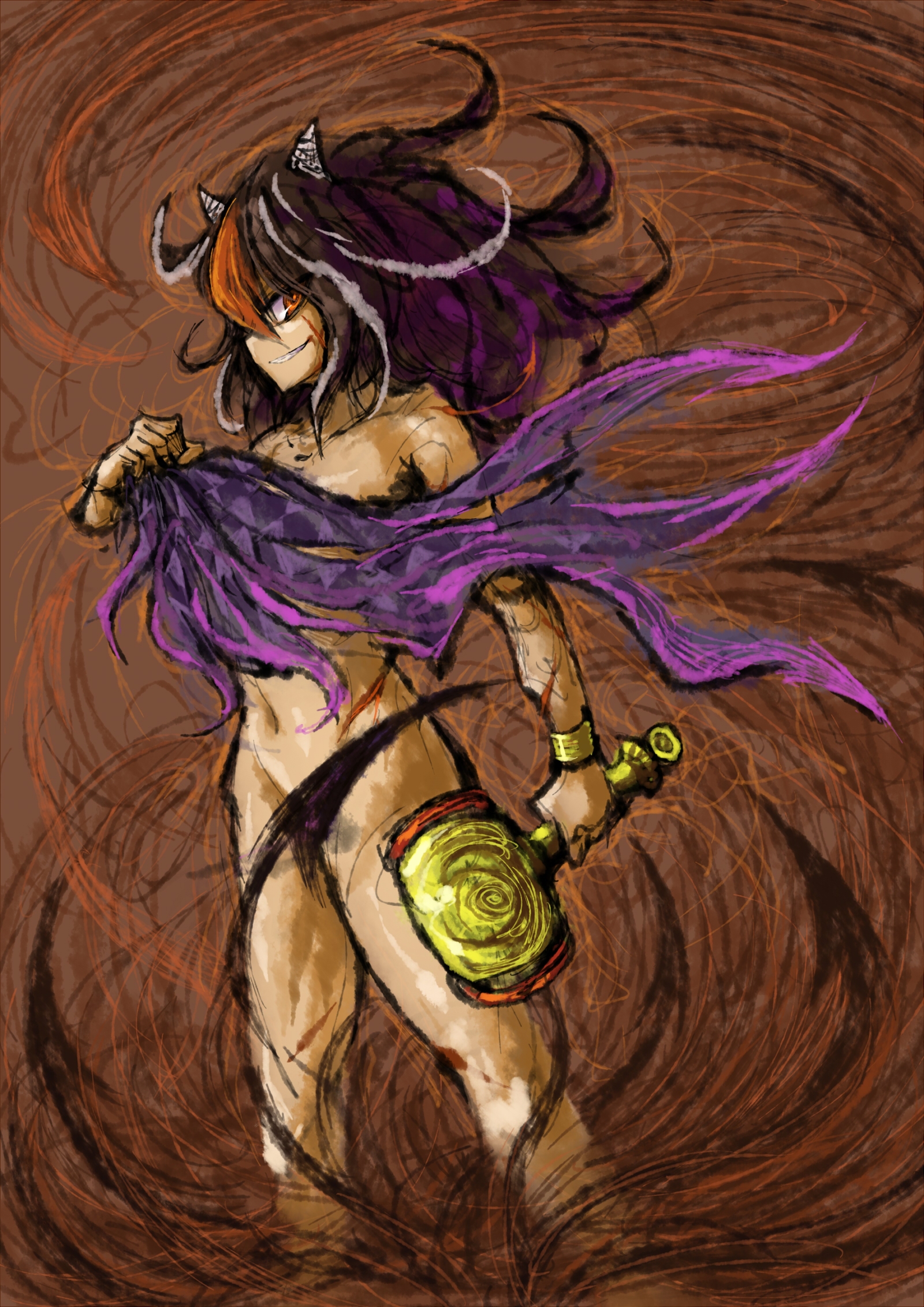 2b-ge, kijin seija, touhou, chinese commentary, commentary request, highres, black hair, convenient censoring, hair between eyes, horns, long hair, magic, miracle mallet, multicolored hair, nimble fabric, nude, one-hour drawing challenge, orange background, orange eyes, orange hair, smirk