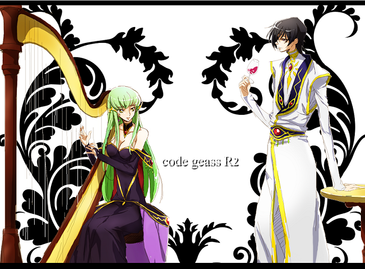 rahit, c.c., lelouch vi britannia, code geass, 00s, 1boy, 1girl, alcohol, breasts, cleavage, couple, dress, drinking, green hair, harp, hetero, instrument, long hair, wine
