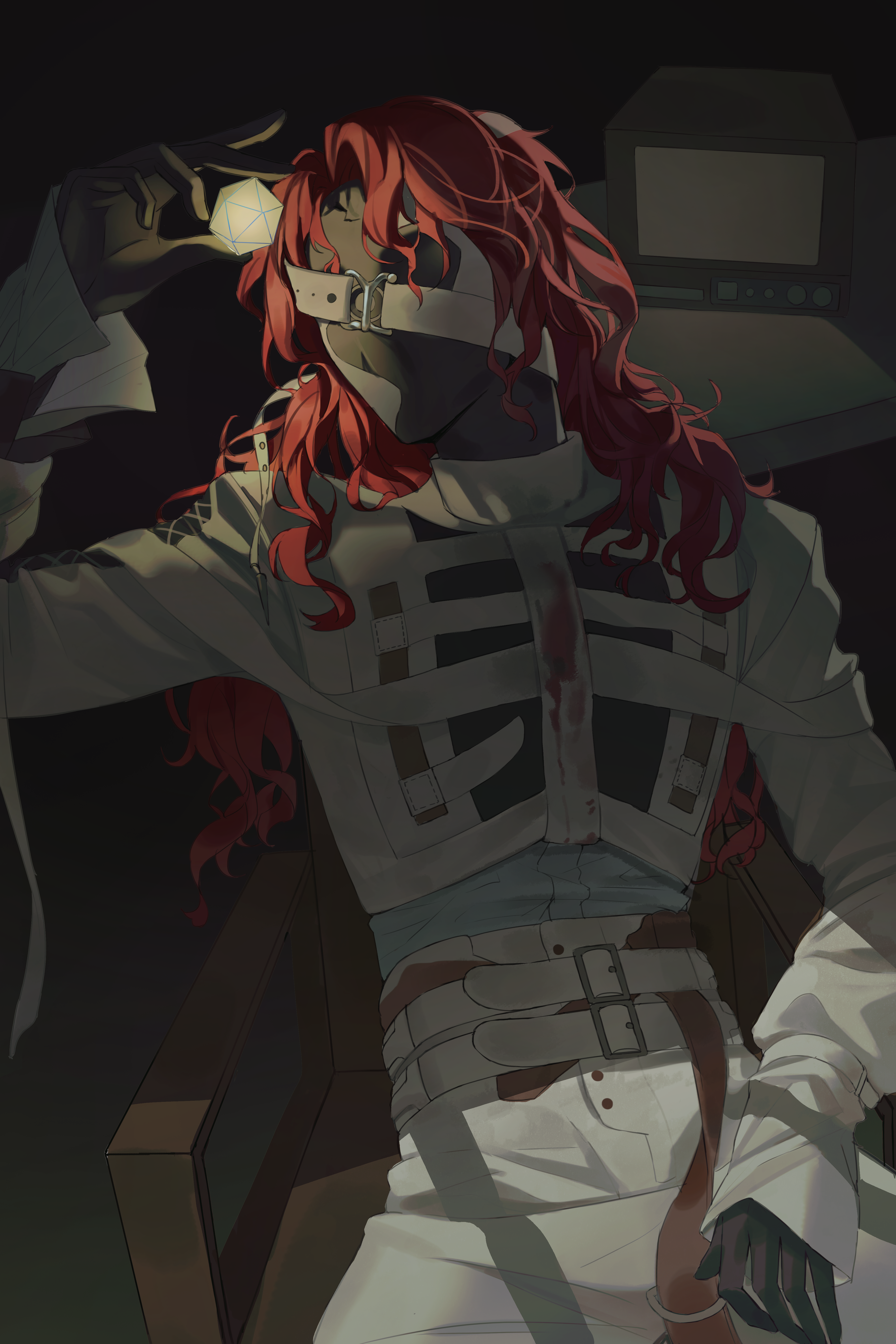 wamel (didwatermelon41), aleph (reverse:1999), reverse:1999, absurdres, highres, 1boy, arm up, black background, black mask, chair, covered face, dark, dice, facing object, gloves, glowing, hand up, holding, holding dice, long hair, male focus, monitor, on chair, pants, polyhedral dice, red hair, shirt, sitting, solo, upper body, white pants, white shirt