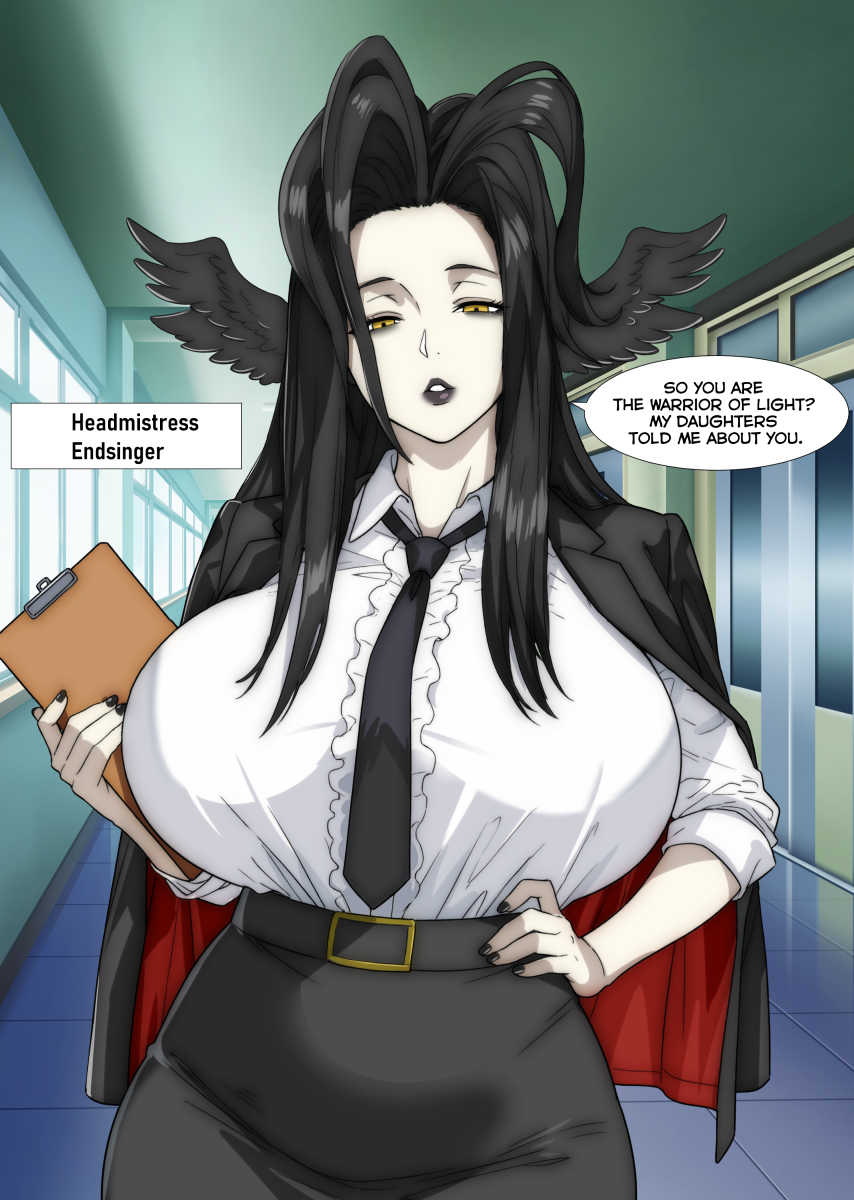 jamjamstyle, the endsinger, final fantasy, final fantasy xiv, highres, 1girl, bird girl, bird wings, black hair, black lips, black nails, colored skin, english text, feathered wings, hair intakes, hallway, head wings, high-waist skirt, holding, holding notepad, indoors, long hair, looking at viewer, monster girl, necktie, notepad, off-shoulder jacket, off shoulder, pale skin, parted lips, school, shirt, skirt, speech bubble, teacher, white shirt, white skin, wings, yellow eyes