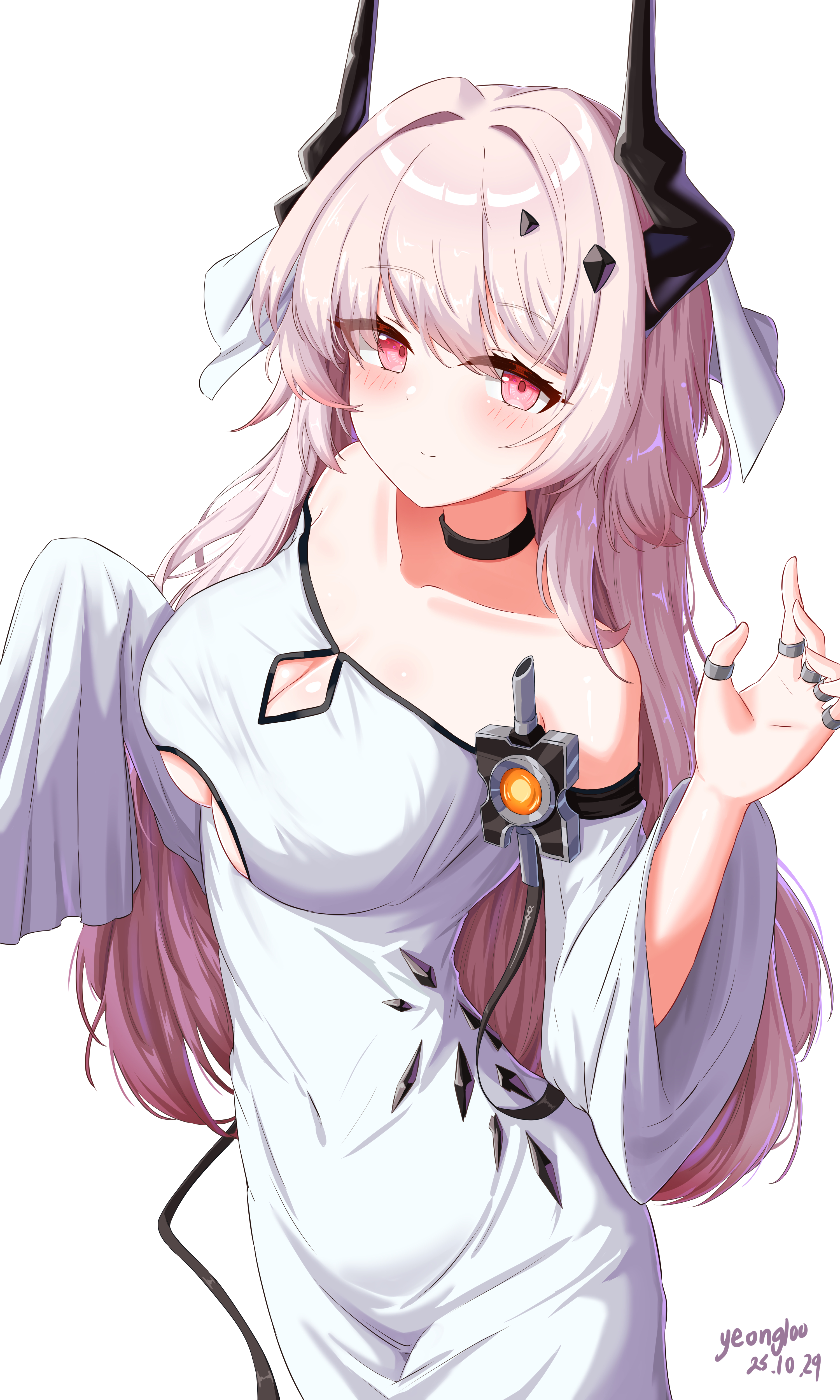 yeong100, theresa (arknights), arknights, absurdres, commentary, highres, 1girl, artist name, bare shoulders, black horns, blush, breasts, cleavage, cleavage cutout, clothing cutout, collarbone, dated, hand up, horns, jewelry, long hair, looking at viewer, medium breasts, multiple rings, off shoulder, pink eyes, pink hair, ring, simple background, single sleeve past fingers, solo, standing, white background, wide sleeves