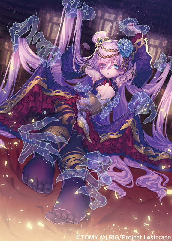 kutori pan'ya, wixoss, official art, 1girl, arm behind head, blue eyes, copyright notice, dress, flower, hair bun, hair flower, hair ornament, hair over one eye, long hair, looking at viewer, open mouth, pantyhose, purple dress, purple hair, purple pantyhose, sima yi (wixoss), solo, very long hair