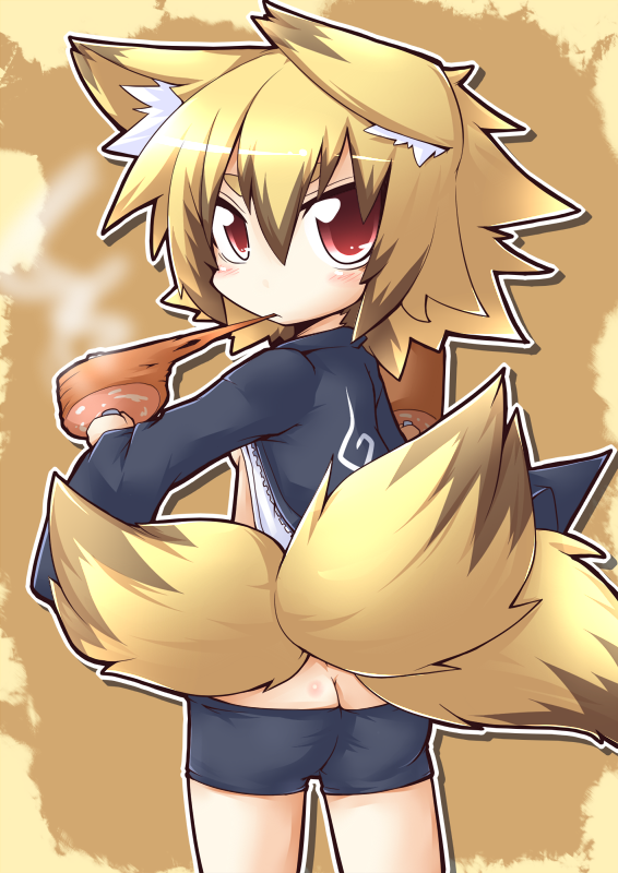 reku, sanbi (reku), original, 1girl, animal ears, ass, blonde hair, boned meat, butt crack, female focus, food, fox ears, fox tail, looking back, meat, multiple tails, open clothes, open shirt, red eyes, shirt, solo, tail