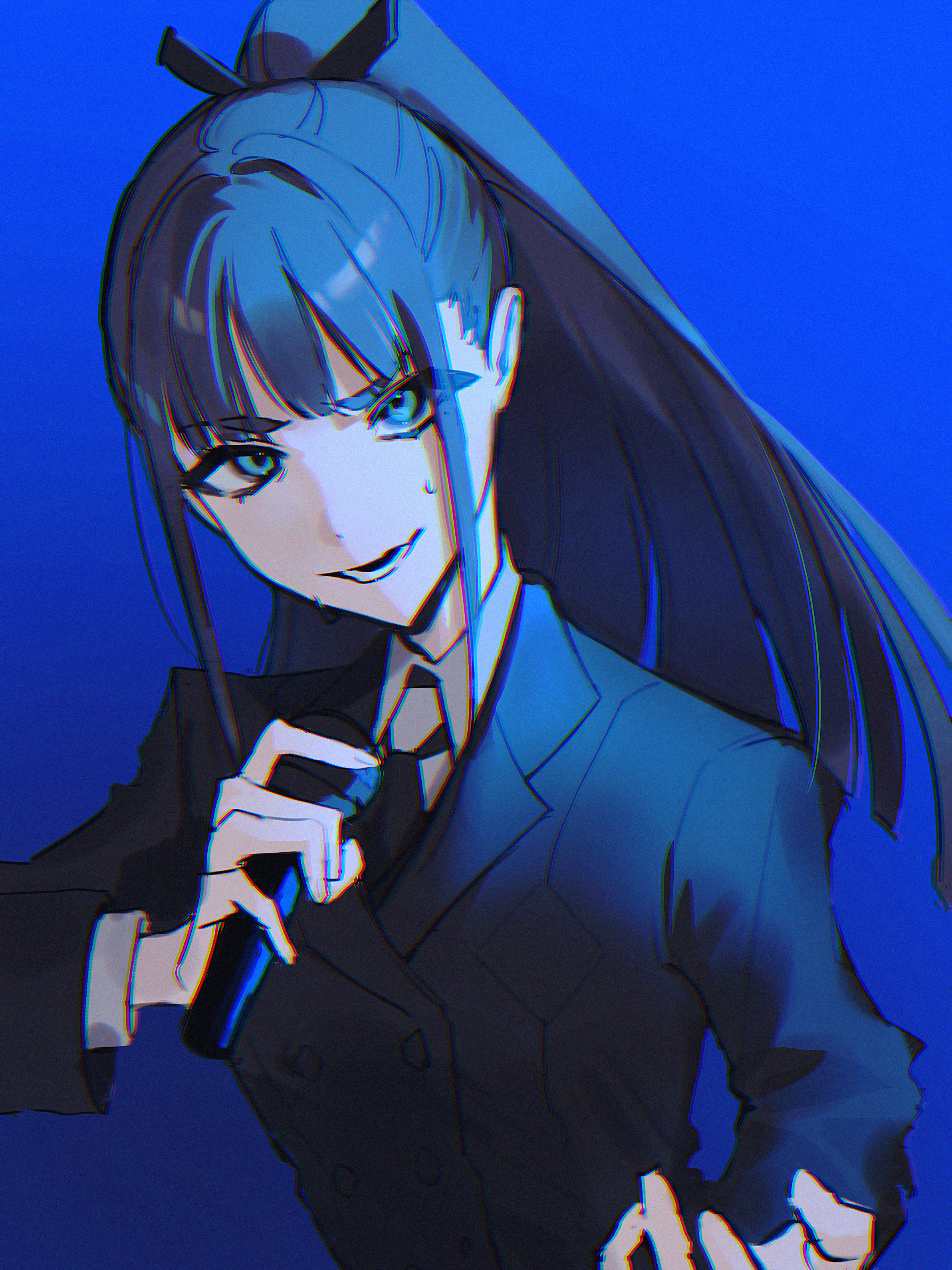 ume (yuuki-110813), amaya tsubame, gakuen idolmaster, idolmaster, absurdres, highres, 1girl, black necktie, black ribbon, blue hair, blue jacket, closed mouth, collared shirt, hair ribbon, hand up, high ponytail, holding, holding microphone, jacket, microphone, necktie, parted lips, ponytail, ribbon, shirt, sidelocks, simple background, smile, solo, sweat, white shirt