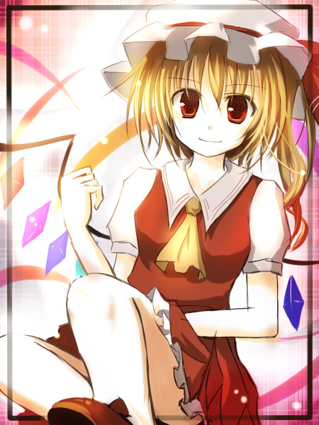 mashayuki, flandre scarlet, touhou, 1girl, blonde hair, female focus, hat, mob cap, red eyes, ribbon, short hair, sitting, solo, white background, wings