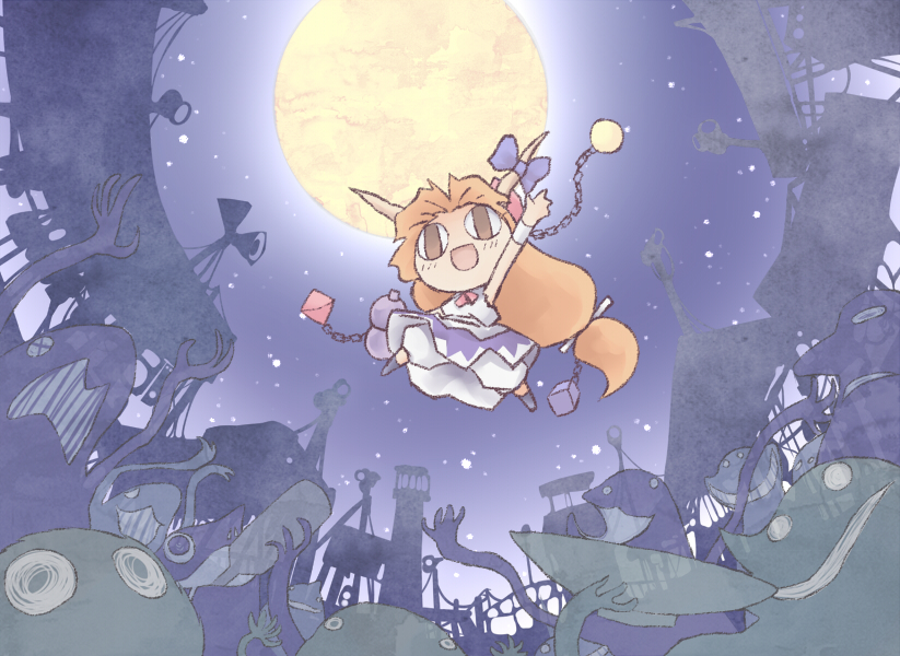 nekoguruma, ibuki suika, touhou, 1girl, bloomers, brown eyes, chain, chibi, female focus, gourd, hair ribbon, horns, moon, orange hair, outdoors, ribbon, sky, solo, underwear