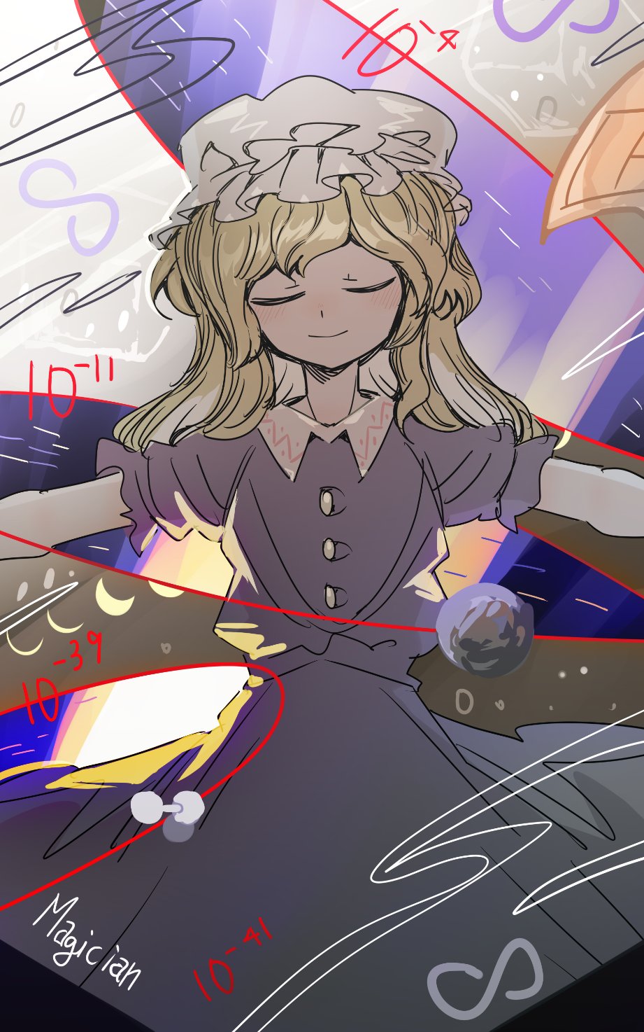 ichirugi, maribel hearn, magical astronomy, touhou, commentary request, highres, blonde hair, buttons, closed eyes, closed mouth, collared dress, cowboy shot, dress, english text, hat, infinity symbol, light blush, math, medium hair, mob cap, moon, moon phases, orbital path, outstretched arms, paper, purple dress, smile, solo, white hat