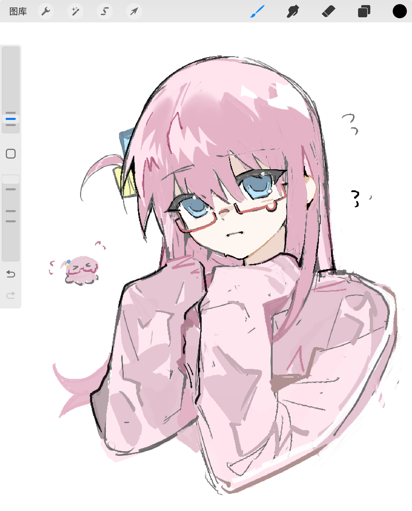 gotoh hitori, bocchi the rock!, highres, 1girl, ?, art program in frame, bespectacled, blue eyes, cube hair ornament, frown, glasses, hair between eyes, hair ornament, head tilt, looking at viewer, pink hair, pink sweater, sleeves past fingers, sleeves past wrists, solo, sweater, teardrop-framed glasses, upper body, white background, xiangtangrubei