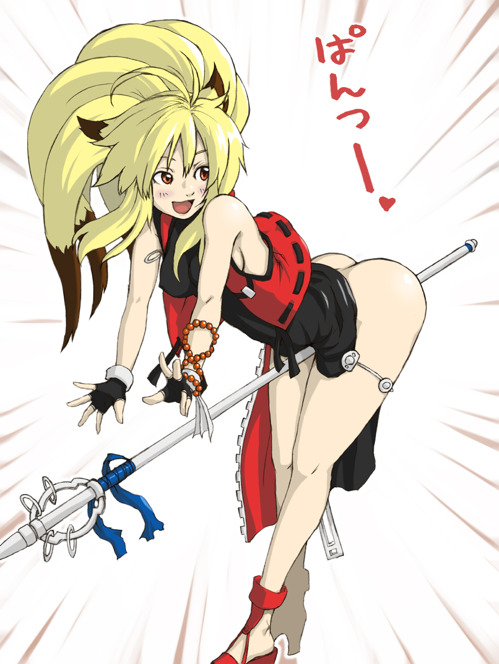 6q (rokuku), sokonoawabi, xiaomu, banpresto, namco x capcom, super robot wars, super robot wars og saga mugen no frontier, bad id, bad pixiv id, highres, 1girl, ahoge, animal ears, ass, between thighs, blonde hair, blush, breasts, brown hair, china dress, chinese clothes, covered erect nipples, crotch rub, dress, female focus, fingerless gloves, fox ears, gloves, heart, long hair, no panties, ponytail, red eyes, sideboob, solo, staff, thighs, vest, zipper