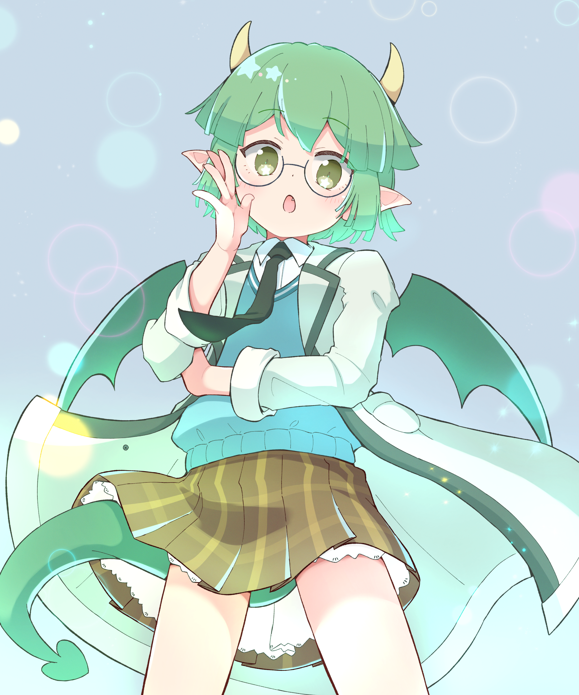 jazz grace, draco centauros, puyopuyo, puyopuyo quest, absurdres, highres, 1girl, adjusting eyewear, arm across waist, bespectacled, black necktie, blue sweater vest, blush, brown skirt, coat, collar, draco centauros (allstar academy), dragon girl, dragon horns, dragon tail, dragon wings, fang, glasses, gradient background, green eyes, green hair, green wings, horns, looking at viewer, looking down, necktie, official alternate costume, open clothes, open coat, open mouth, pleated skirt, pocket, pointy ears, round eyewear, short hair, sidelocks, skirt, solo, star (symbol), sweater vest, symbol in eye, tail, wings
