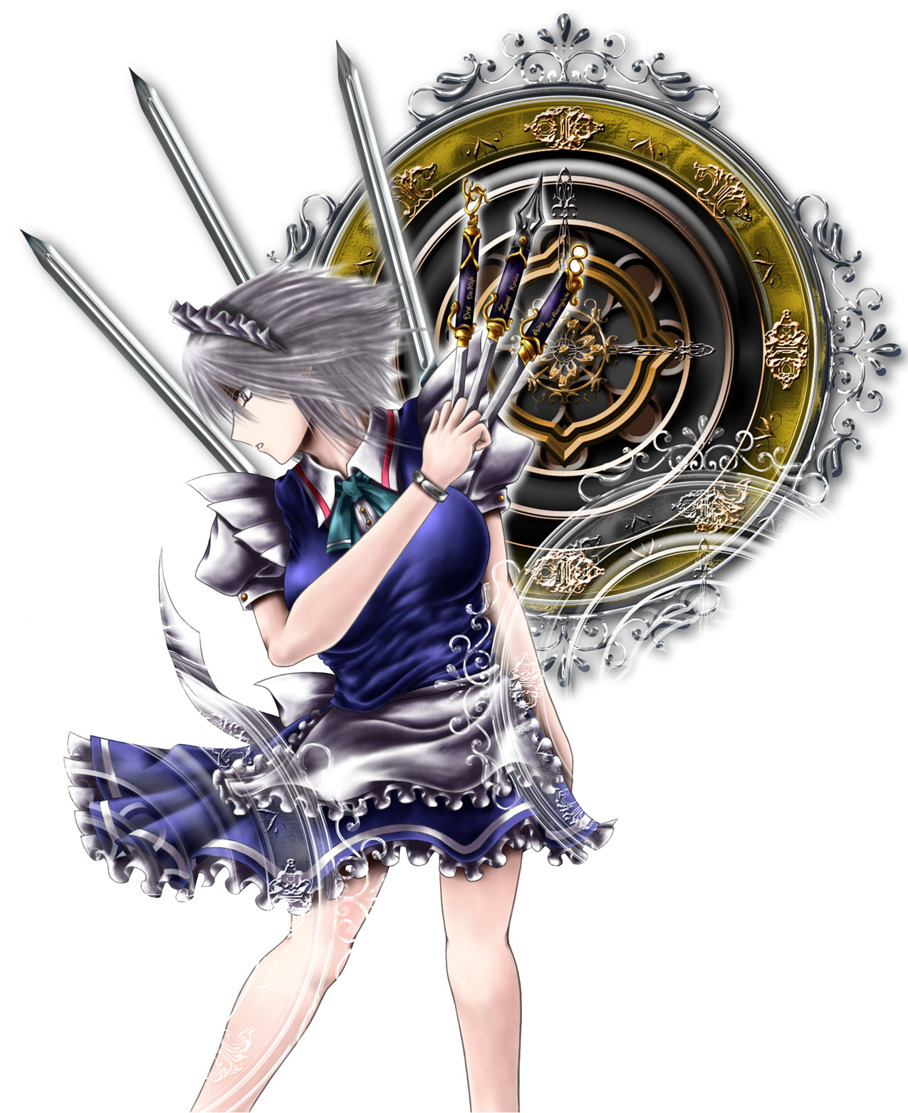 merlyn, izayoi sakuya, touhou, silver hair, highres, 1girl, clock, female focus, knife, maid, solo, throwing knife, weapon, white background
