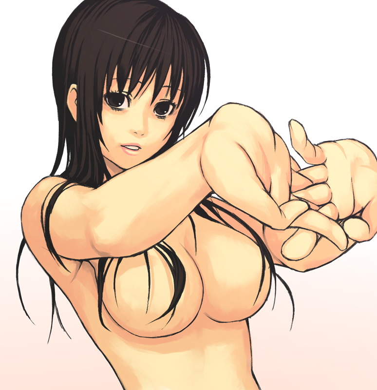 yuuji (and), original, bad id, bad pixiv id, 1girl, breasts, brown eyes, brown hair, censored, convenient censoring, female focus, hair censor, hair over breasts, large breasts, long hair, nude, solo, stretching