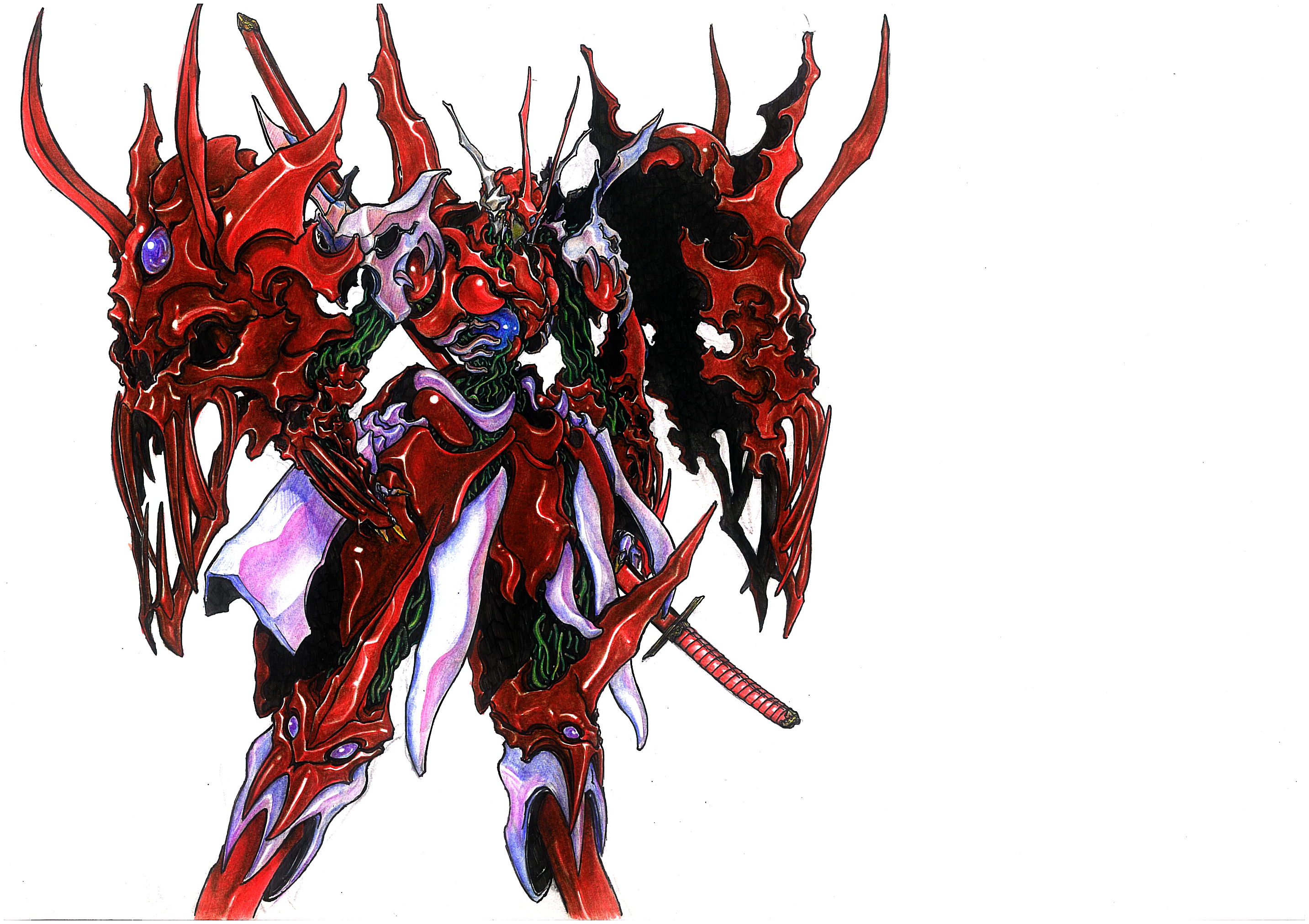 jian huang, persoenlichkeit, banpresto, super robot wars, super robot wars original generation, highres, traditional media, mecha, robot, super robot, sword, weapon