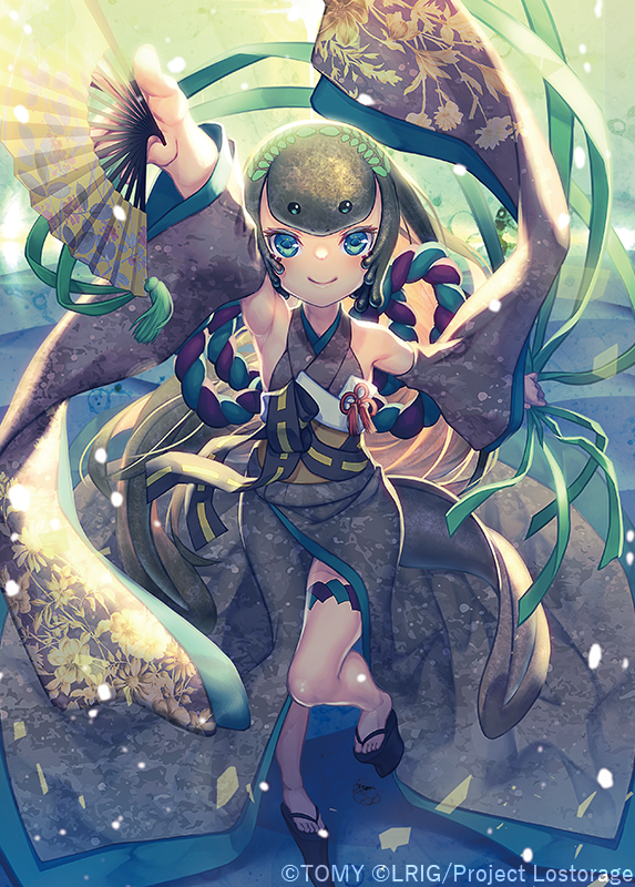 kutori pan'ya, wixoss, official art, 1girl, black dress, black hair, black sleeves, blue eyes, closed mouth, copyright notice, detached sleeves, dress, hand fan, holding, holding fan, long hair, looking at viewer, oosanshou (wixoss), smile, solo, thigh strap, very long hair