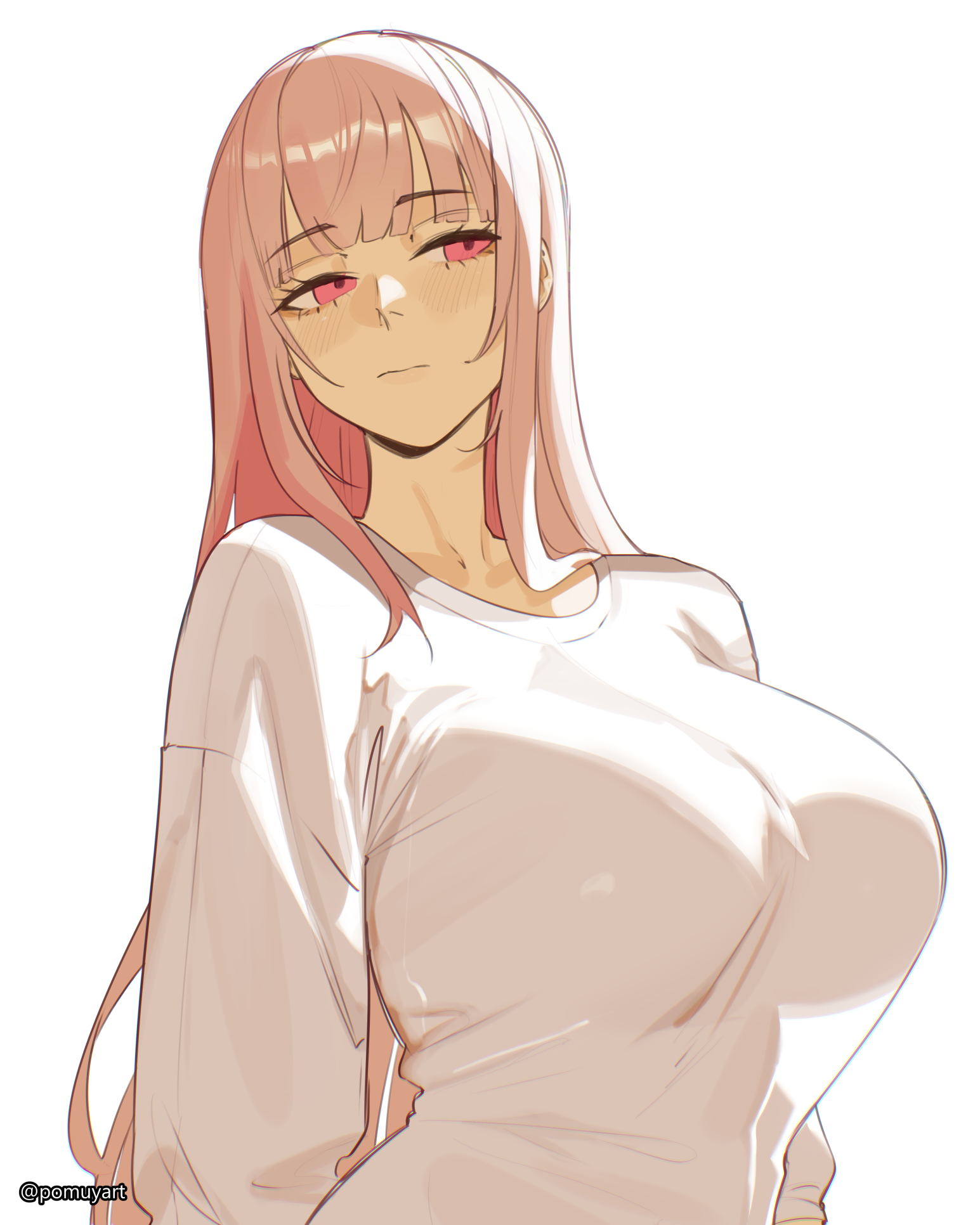 pomuya, mori calliope, hololive, hololive english, commentary, english commentary, highres, 1girl, blush, breasts, closed mouth, collarbone, large breasts, long hair, long sleeves, looking to the side, pink eyes, pink hair, see-through silhouette, shirt, simple background, solo, twitter username, virtual youtuber, white background, white shirt