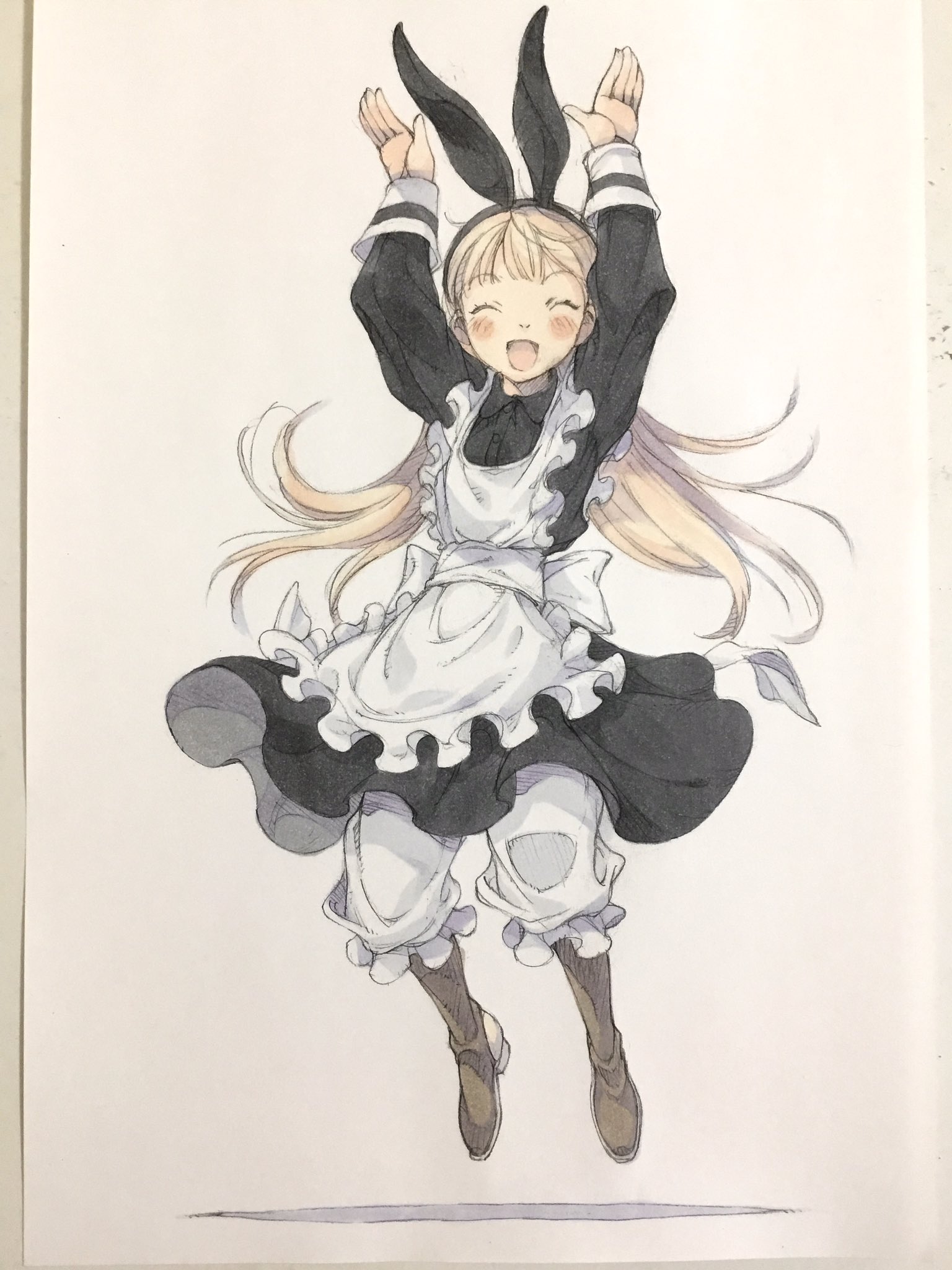 peter salt, original, commentary, highres, traditional media, 1girl, animal ear hairband, animal ears, apron, arms up, back bow, black dress, black hairband, blonde hair, bloomers, boots, bow, brown boots, closed eyes, collared dress, dress, fake animal ears, full body, hairband, jumping, long hair, maid, maid apron, open mouth, rabbit ears, rabbit pose, smile, solo, underwear, white apron, white background, white bloomers, white bow