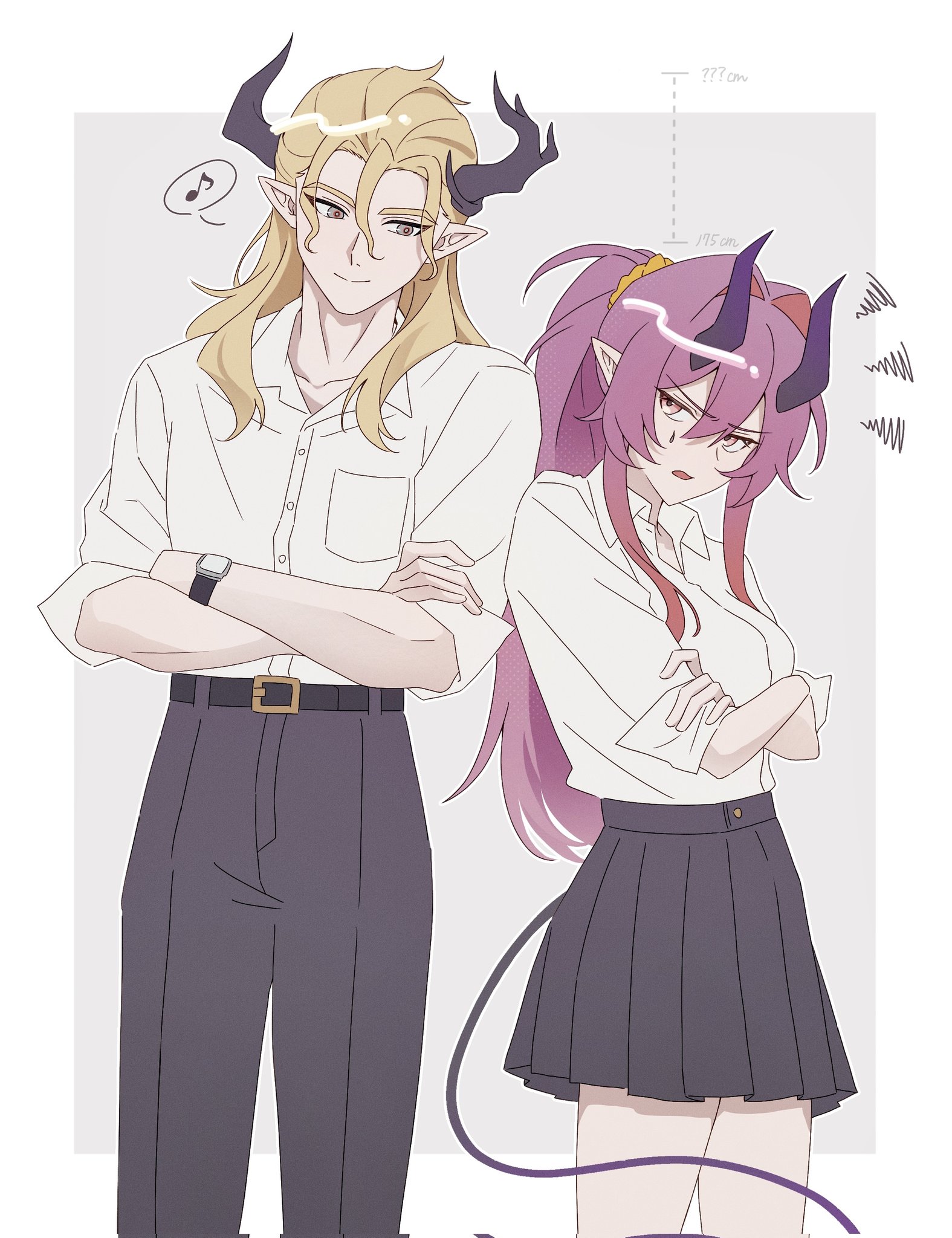 amo20839453, ascalon (arknights), manfred (arknights), arknights, chinese commentary, commentary request, corrupted twitter file, highres, 1boy, 1girl, annoyed, belt, belt buckle, black belt, black horns, black pants, black skirt, blonde hair, breast pocket, buckle, buttons, closed mouth, collared shirt, cowboy shot, crossed arms, dress shirt, eighth note, grey eyes, hair between eyes, hair intakes, height, height difference, horns, long hair, looking at another, musical note, open mouth, pants, pink eyes, pink hair, pleated skirt, pocket, shirt, skirt, sleeves rolled up, smile, split mouth, spoken musical note, squiggle, standing, teardrop facial mark, watch, white shirt, wristwatch
