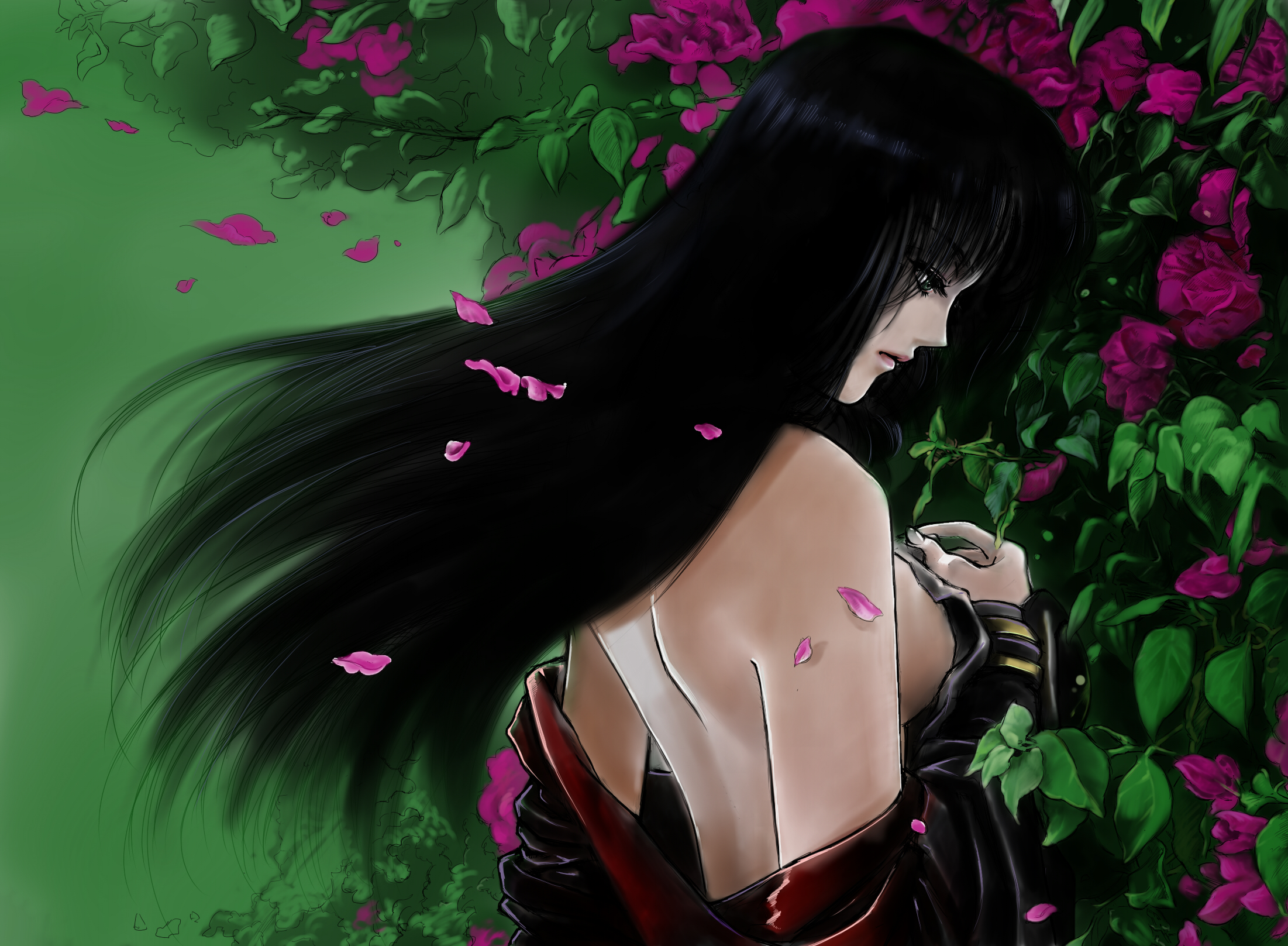 jian huang, setsuko ohara, banpresto, super robot wars, super robot wars z, super robot wars z1, uniform, highres, 1girl, back, bare back, black hair, breasts, female focus, green eyes, long hair, petals, sideboob, solo, undressing, wind