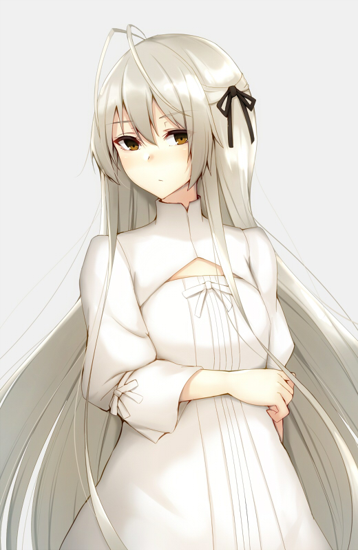 kamokatatsumuri, kasugano sora, yosuga no sora, commentary, 1girl, antenna hair, black ribbon, brown eyes, closed mouth, cowboy shot, dress, grey background, grey hair, hair ribbon, long hair, looking at viewer, ribbon, simple background, solo, very long hair, white dress