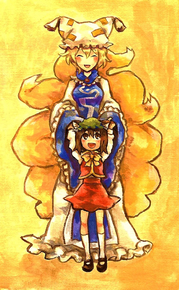 shinoasa, chen, yakumo ran, touhou, acrylic paint (medium), painting (medium), traditional media, 2girls, animal ears, animal hat, blonde hair, brown eyes, brown hair, cat ears, cat girl, cat tail, closed eyes, female focus, fox tail, hat, long sleeves, mob cap, multiple girls, multiple tails, open mouth, shoes, short hair, socks, tail, tassel, wide sleeves, yellow background