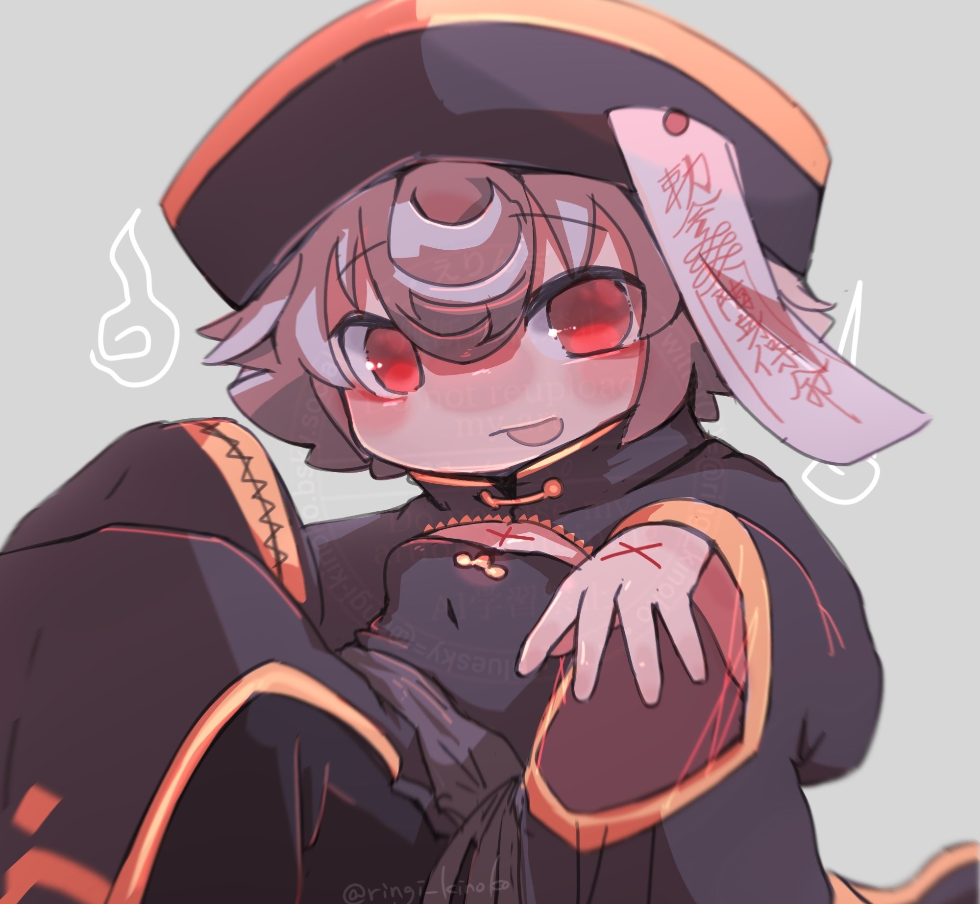 ringi kinoko, prushka, made in abyss, highres, 1girl, alternate costume, black dress, black hat, blush, body markings, breasts, chinese clothes, cleavage, curly hair, dress, hair between eyes, hat, hitodama, jiangshi, jiangshi costume, long sleeves, looking at viewer, medium hair, ofuda, open mouth, outstretched arms, qingdai guanmao, red eyes, simple background, smile, solo, white hair, yellow trim, zombie pose