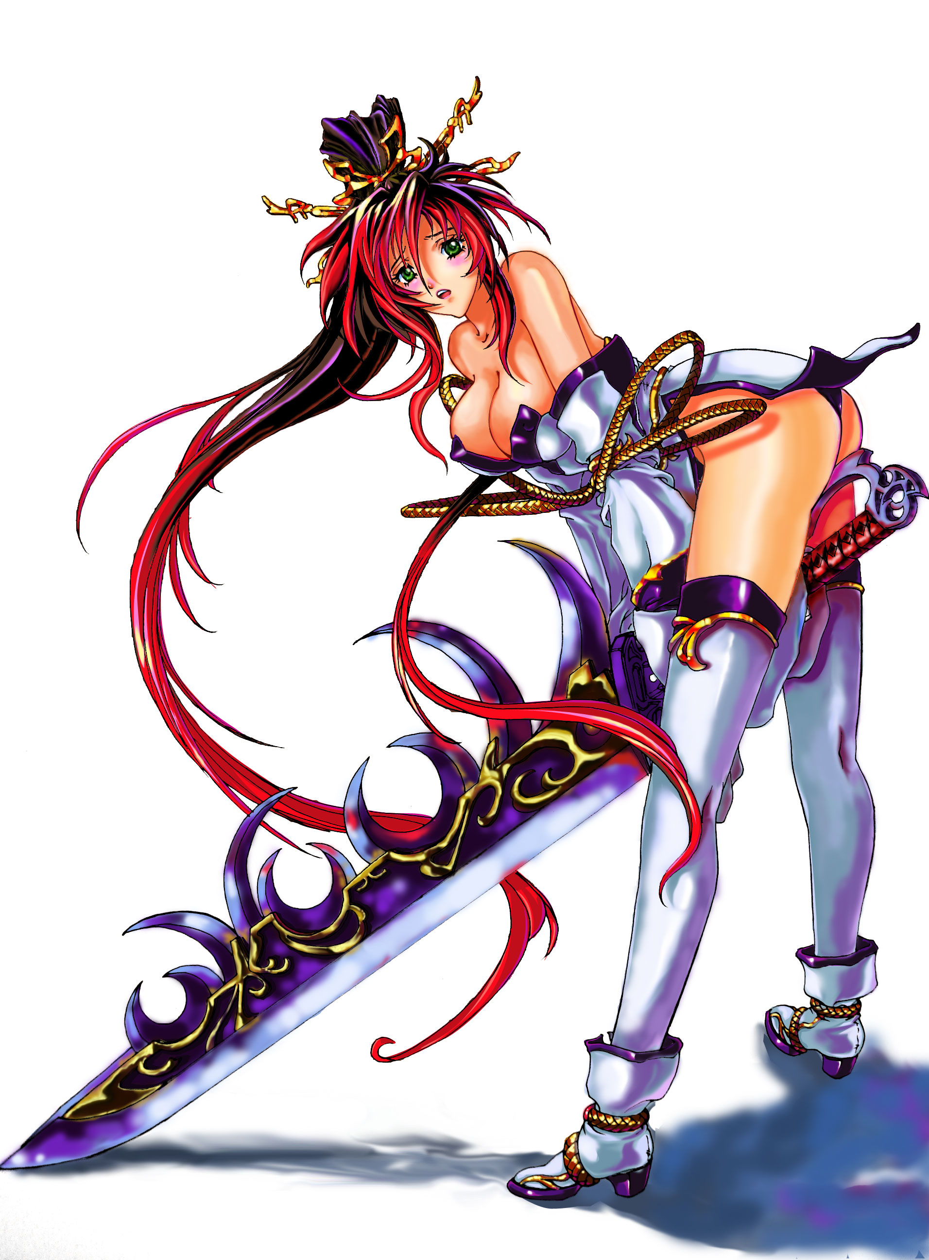 jian huang, nanbu kaguya, banpresto, super robot wars, super robot wars og saga mugen no frontier, absurdres, bad id, bad pixiv id, highres, 1girl, ass, bare shoulders, between thighs, black hair, black panties, blush, breasts, cleavage, covered erect nipples, detached sleeves, dress, female focus, green eyes, hair ornament, high heels, huge weapon, large breasts, legs, long hair, long legs, multicolored hair, panties, ponytail, red hair, shoes, simple background, solo, strapless, strapless dress, sword, thighhighs, thighs, two-tone hair, underwear, weapon, white thighhighs