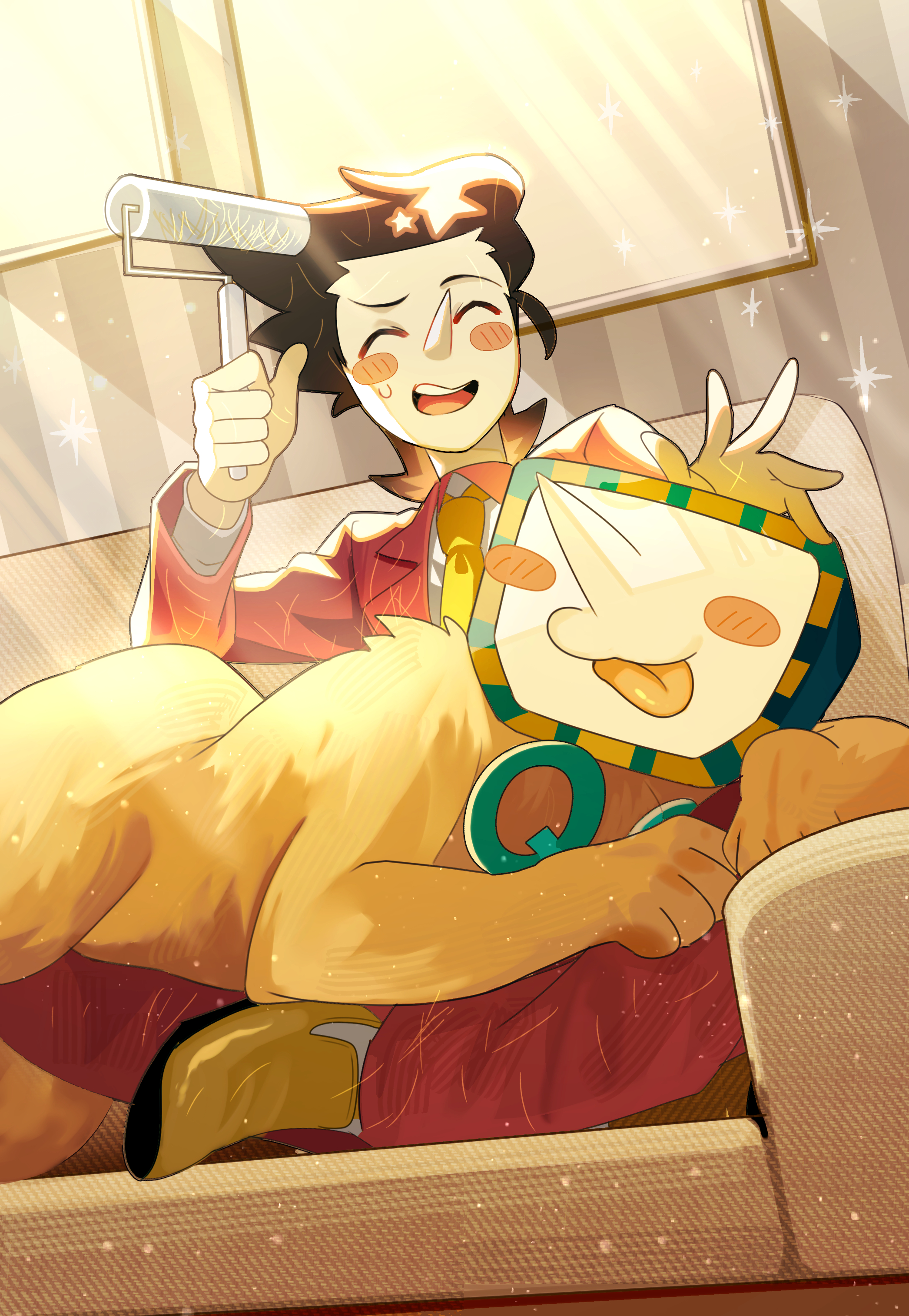 ant tenna, ant tenna (sphinx), spamton g. spamton, spamton g. spamton (big shot), deltarune, utdr (toby fox), absurdres, commentary, commentary request, english commentary, highres, mixed-language commentary, 1boy, animal, animal on lap, black hair, blush stickers, closed eyes, colored skin, couch, crt, jacket, lint roller, long nose, male focus, object head, on couch, on lap, pants, pointy nose, red jacket, red pants, shoes, short hair, sphinx, striped wall, tongue, tongue out, valve core, white skin, yellow shoes