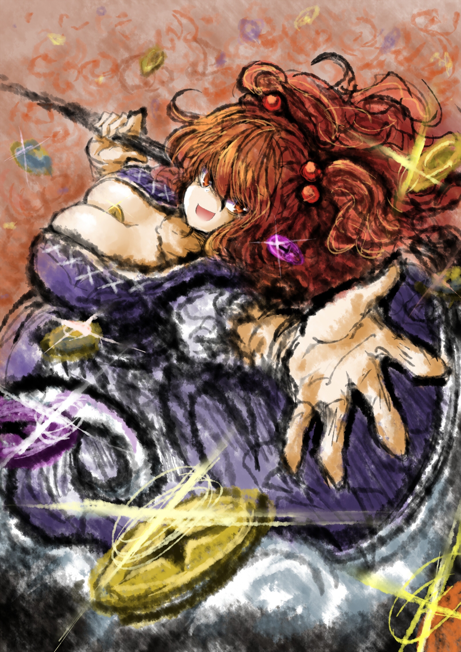 2b-ge, onozuka komachi, touhou, chinese commentary, commentary request, highres, :d, blue dress, breasts, brown eyes, brown hair, coin, dress, flower, glint, hair ornament, holding, holding scythe, holding weapon, japanese clothes, large breasts, magic, money between breasts, one-hour drawing challenge, open mouth, orange background, outstretched hand, scythe, smile, spell, spider lily, weapon