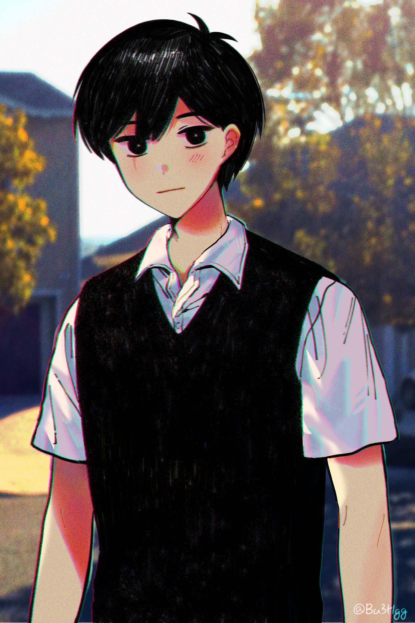 bu3hgg, sunny (omori), omori, highres, 1boy, antenna hair, artist name, black eyes, black hair, black sweater vest, bright pupils, closed mouth, collared shirt, day, house, looking at viewer, male focus, outdoors, photo background, shirt, short hair, short sleeves, simple background, solo, sweater vest, tree, twitter username, white pupils, white shirt
