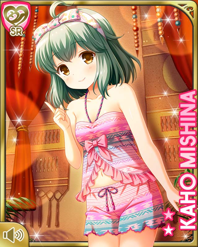 qp:flapper, mishina kaho, girlfriend (kari), official art, tagme, 1girl, ahoge, bow, card (medium), character name, closed mouth, collarbone, day, female focus, indoors, pink shirt, pink shorts, purple bow, shirt, short hair, shorts, sleeveless, sleeveless shirt, smile, solo, spa, standing