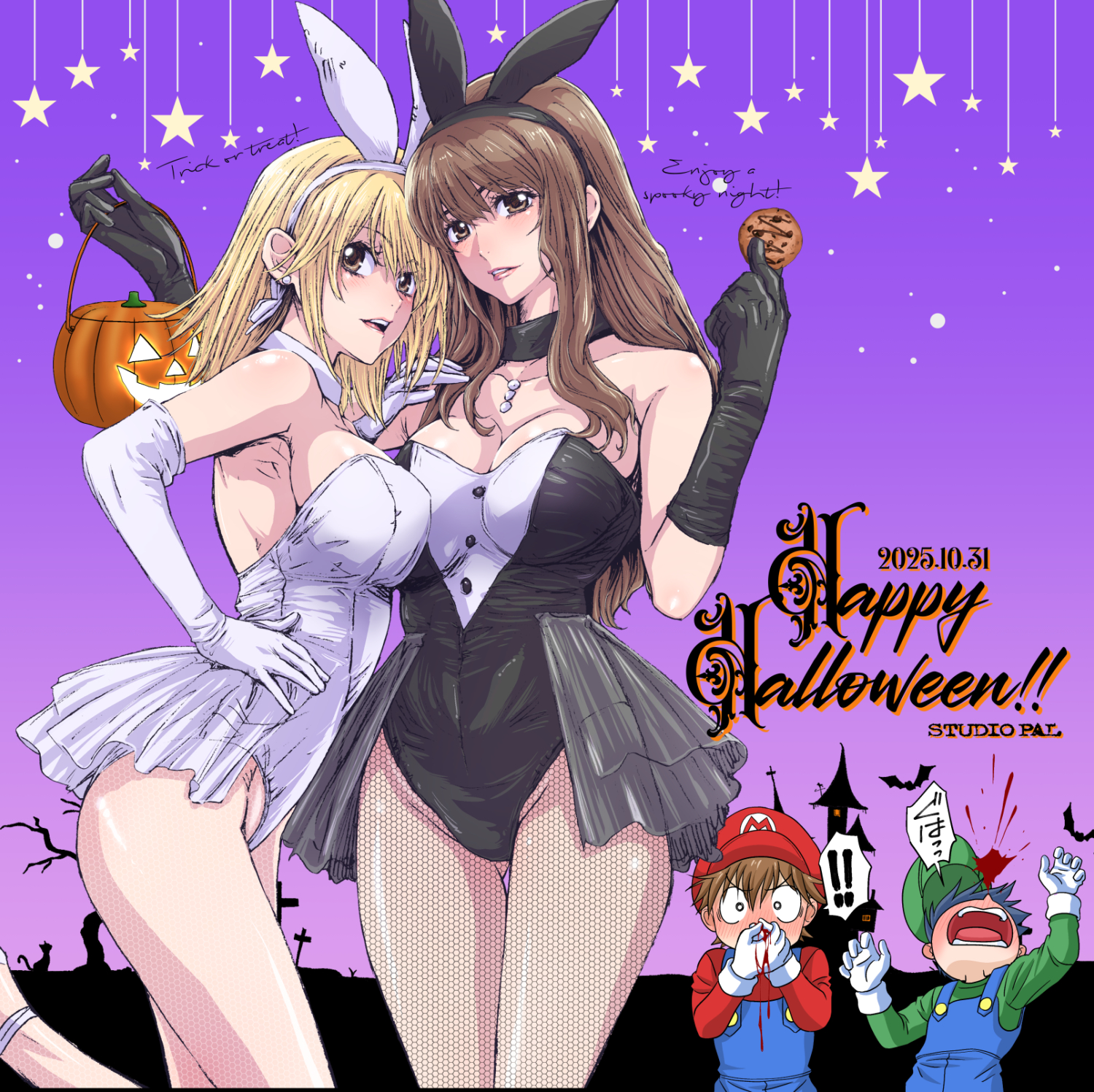 nanno koto, luigi, mario, mario (series), nintendo, original, highres, 2boys, 2girls, animal ears, black gloves, black hair, black leotard, blonde hair, blood, breasts, brown eyes, brown hair, cosplay, dated, detached collar, elbow gloves, english text, fake animal ears, fishnet pantyhose, fishnets, gloves, large breasts, leotard, luigi (cosplay), mario (cosplay), multiple boys, multiple girls, nosebleed, pantyhose, playboy bunny, rabbit ears, short hair, showgirl skirt, strapless, strapless leotard, white gloves, white leotard