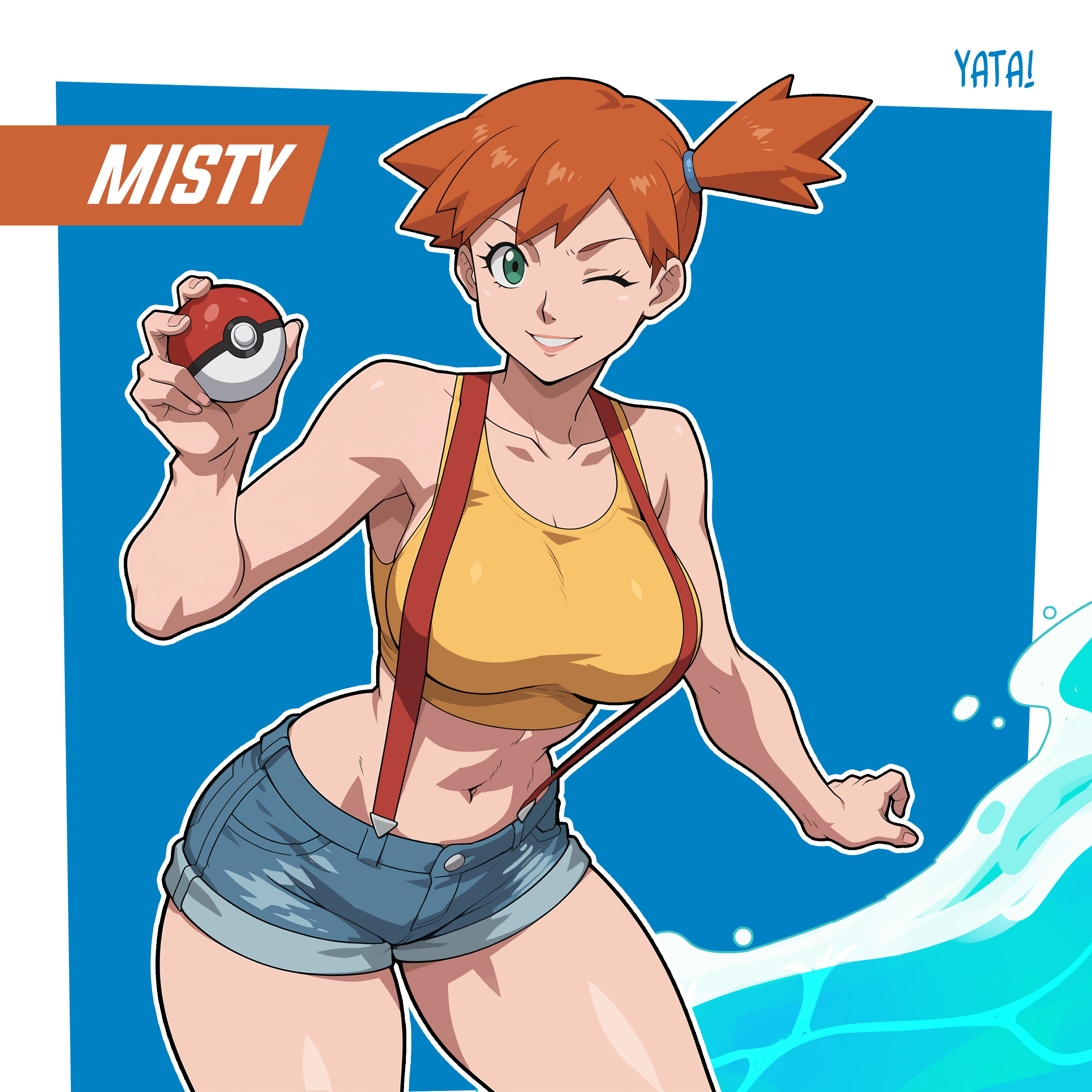 yatagarasupen, misty (pokemon), nintendo, pokemon, pokemon (anime), pokemon (classic anime), pokemon rgby, absurdres, highres, 1girl, artist name, bare shoulders, blue background, blue shorts, breasts, character name, collarbone, cowboy shot, crop top, denim, denim shorts, green eyes, grin, gym leader, holding, holding poke ball, large breasts, looking at viewer, midriff, navel, one eye closed, orange hair, outline, poke ball, poke ball (basic), ponytail, short hair, short shorts, shorts, side ponytail, smile, solo, suspender shorts, suspenders, tank top, thighs, water, white outline, yellow tank top
