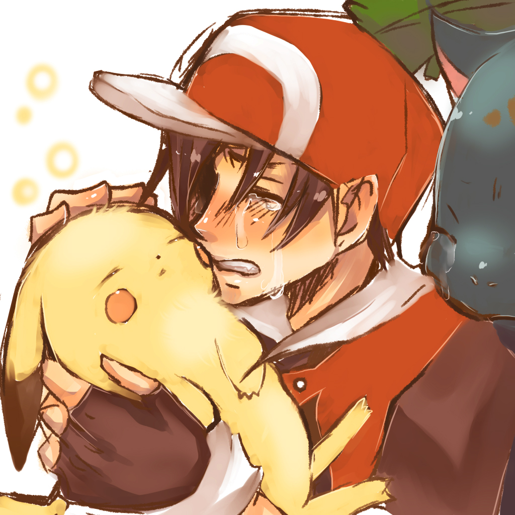 yama (rabbit room), bulbasaur, ivysaur, pikachu, red (pokemon), venusaur, nintendo, pokemon, bad id, bad pixiv id, 1boy, blush, closed eyes, crying, death, gen 1 pokemon, hat, male focus, pokemon (creature), tears