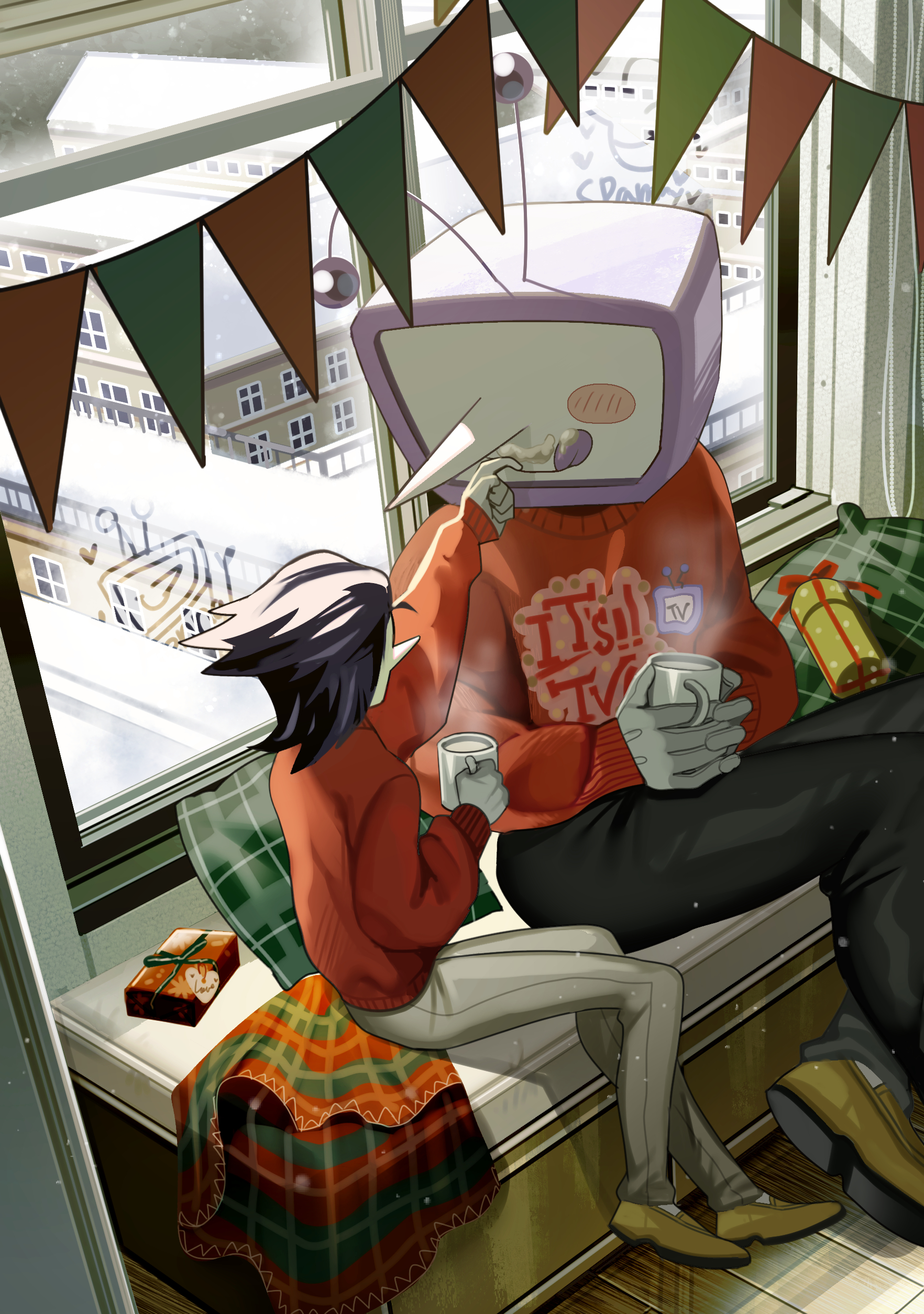 ant tenna, spamton g. spamton, spamton g. spamton (big shot), deltarune, utdr (toby fox), absurdres, highres, 2boys, black pants, blush stickers, box, building, colored skin, crt, cup, gift, gift box, gloves, holding, holding cup, indoors, long nose, looking at another, male focus, multiple boys, object head, pants, pillow, pointy nose, print sweater, radio antenna, red sweater, shoes, single blush sticker, sitting, snow, solo, steaming cup, string of flags, sweater, tongue, tongue out, valve core, white gloves, white pants, white skin, yaoi, yellow shoes