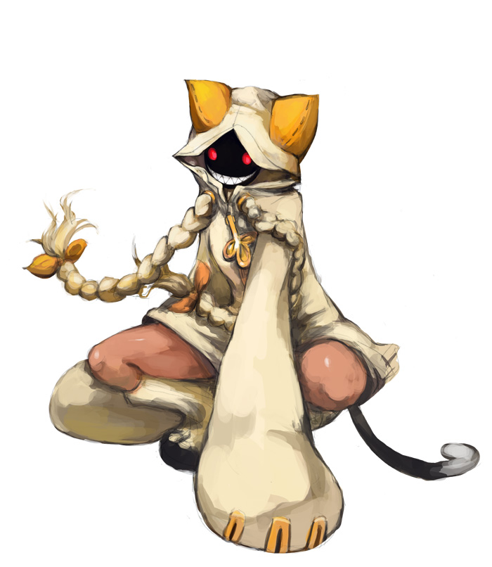 kasa (hitori sanka), taokaka, arc system works, blazblue, animal ears, animal hood, blonde hair, braid, cat hood, dark-skinned female, dark skin, grin, hood, red eyes, smile, solo, tail, twin braids