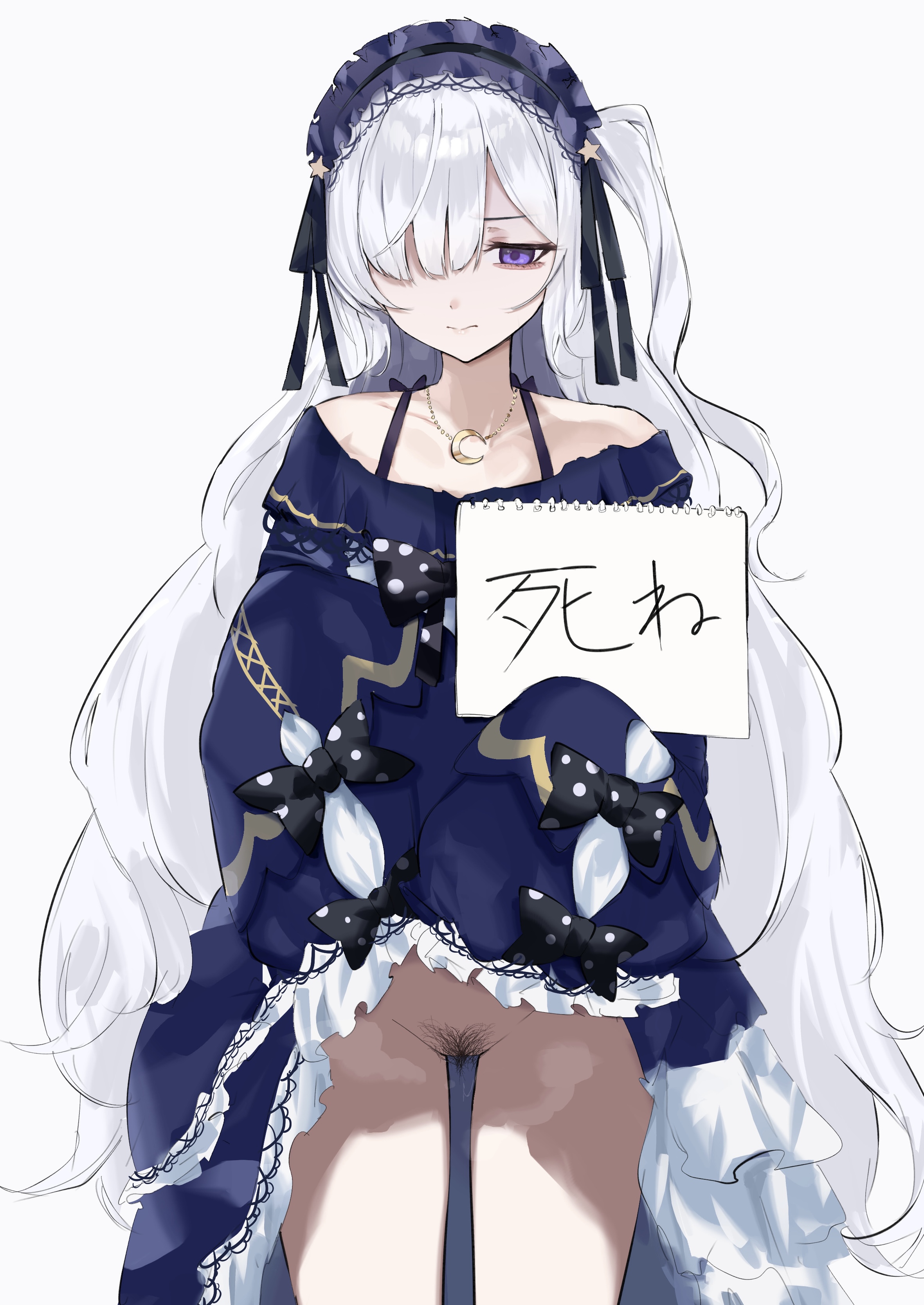 dera self, natsume an-an, mahou shoujo no majo saiban, absurdres, commentary, highres, partially translated, symbol-only commentary, translation request, variant set, 1girl, blue hairband, bow, closed mouth, clothes lift, crescent, crescent necklace, dress, dress lift, female pubic hair, frilled dress, frills, gothic lolita, hairband, holding, holding sketchbook, jewelry, lifting own clothes, lolita fashion, lolita hairband, long hair, necklace, no panties, polka dot, polka dot bow, pubic hair, pubic hair peek, simple background, sketchbook, sleeves past fingers, sleeves past wrists, solo, white background, white hair