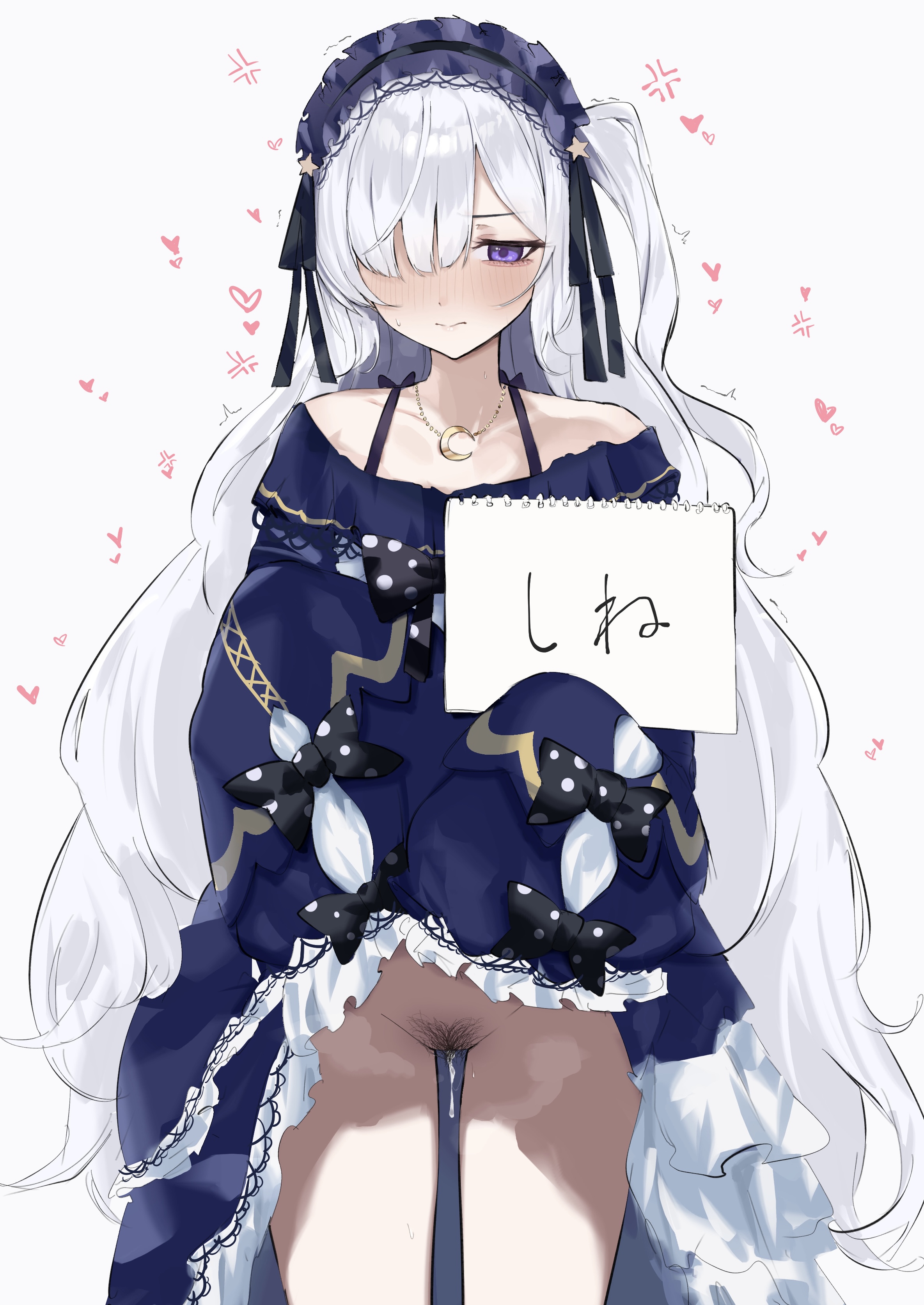 dera self, natsume an-an, mahou shoujo no majo saiban, absurdres, commentary, highres, partially translated, symbol-only commentary, translation request, variant set, 1girl, blue hairband, blush, bow, closed mouth, clothes lift, crescent, crescent necklace, dress, dress lift, female pubic hair, frilled dress, frills, gothic lolita, hairband, holding, holding sketchbook, jewelry, lifting own clothes, lolita fashion, lolita hairband, long hair, necklace, no panties, polka dot, polka dot bow, pubic hair, pubic hair peek, pussy juice, simple background, sketchbook, sleeves past fingers, sleeves past wrists, solo, white background, white hair