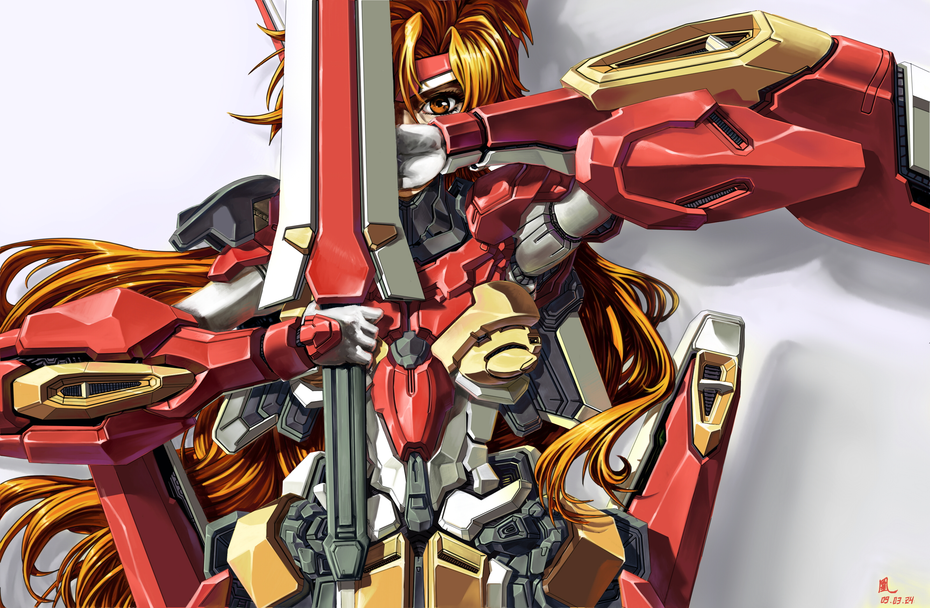 jian huang, levrias, banpresto, super robot wars, super robot wars k, absurdres, highres, long hair, mecha, mecha musume, orange eyes, orange hair, robot, solo