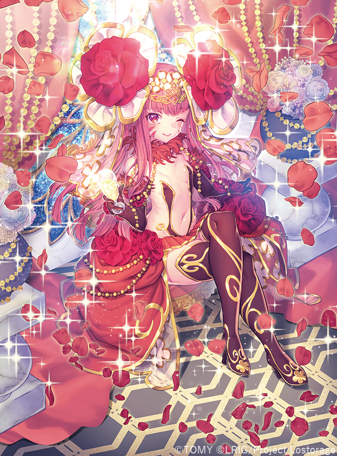 kutori pan'ya, hanayo (wixoss), wixoss, clothing request, 1girl, boots, closed mouth, flat chest, flower, hair flower, hair ornament, long hair, looking at viewer, navel, one eye closed, red boots, red eyes, red hair, red skirt, sidelocks, skirt, smile, solo, thigh boots