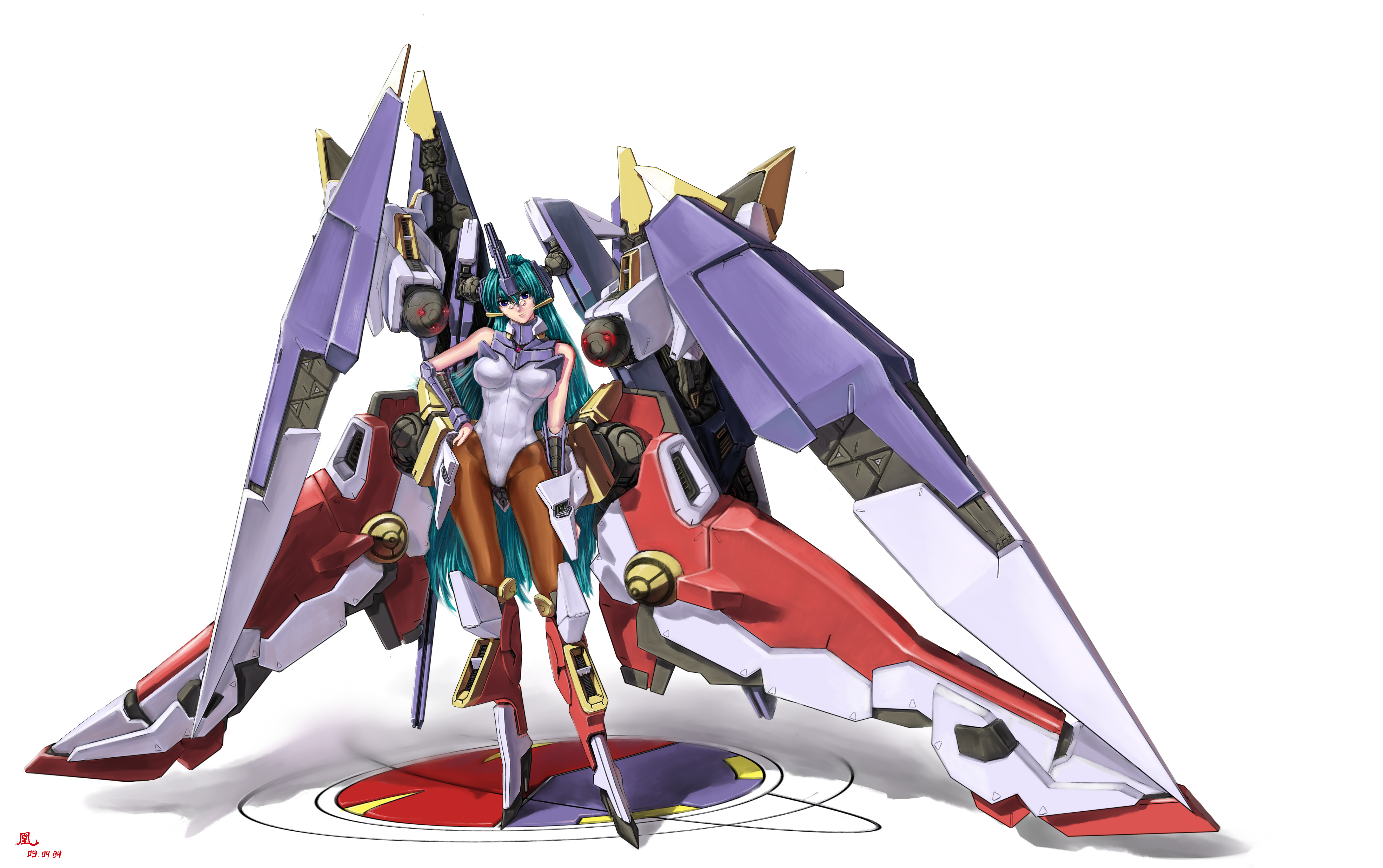 jian huang, angelica shalteel, levrias, serius ii, solvrias regina, banpresto, super robot wars, super robot wars k, absurdres, highres, 00s, 2009, aqua hair, armor, bare shoulders, blue eyes, glasses, green hair, hand on own hip, hip focus, leotard, long hair, mecha, mecha musume, pantyhose, robot, signature, smile, standing, very long hair