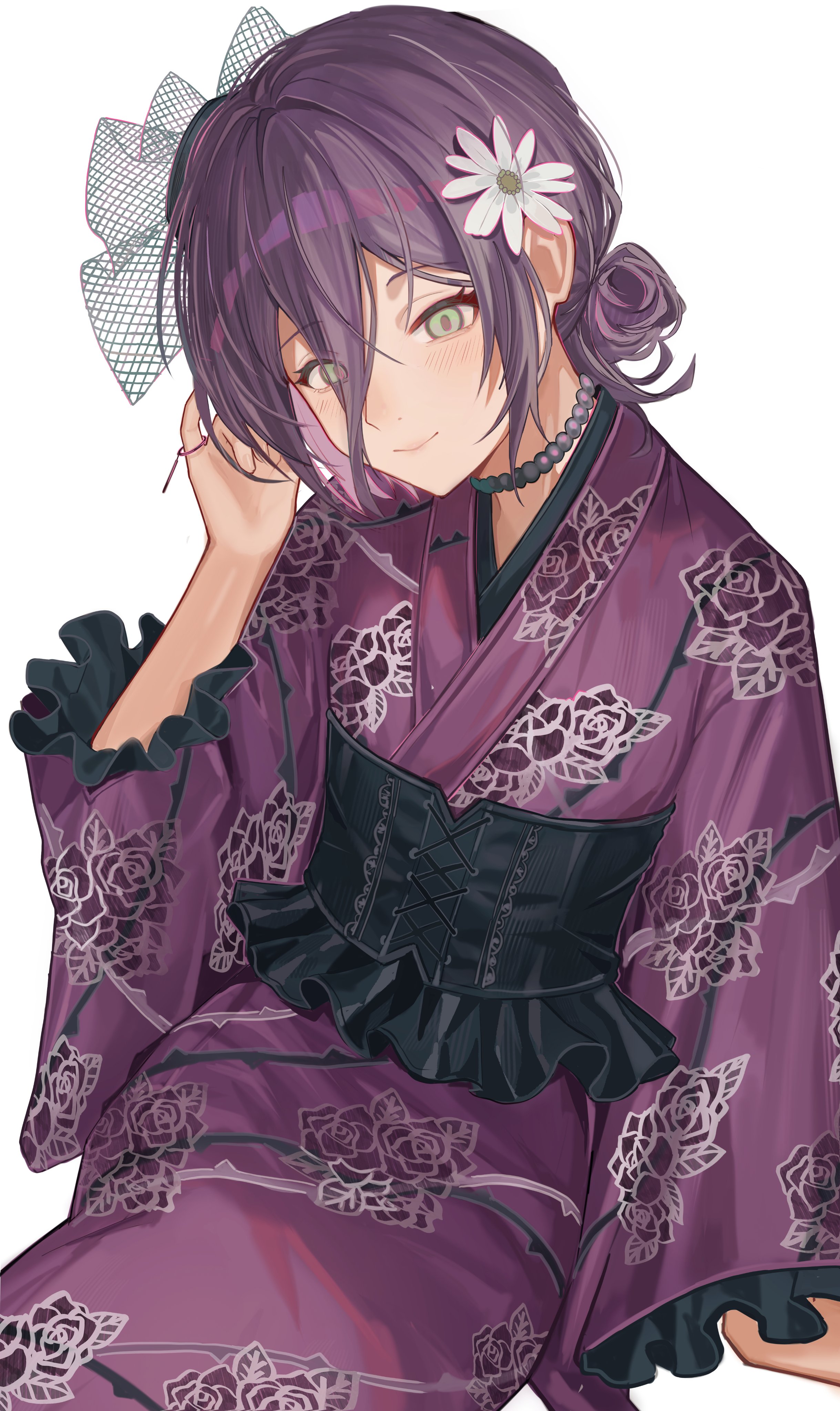 shuilantao, reze (chainsaw man), chainsaw man, absurdres, highres, 1girl, alternate costume, black corset, choker, closed mouth, corset, flower, green eyes, hair between eyes, hair bun, japanese clothes, kimono, purple choker, purple hair, purple kimono, simple background, smile, solo, white background, white flower