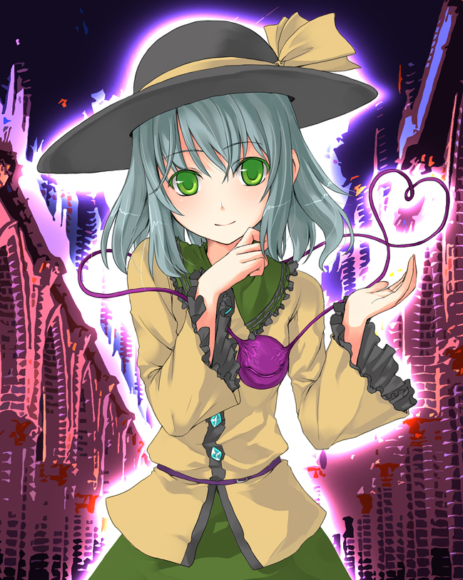 unasaka ryou, komeiji koishi, touhou, 1girl, blue hair, female focus, green eyes, grey hair, hat, heart, heart of string, smile, solo