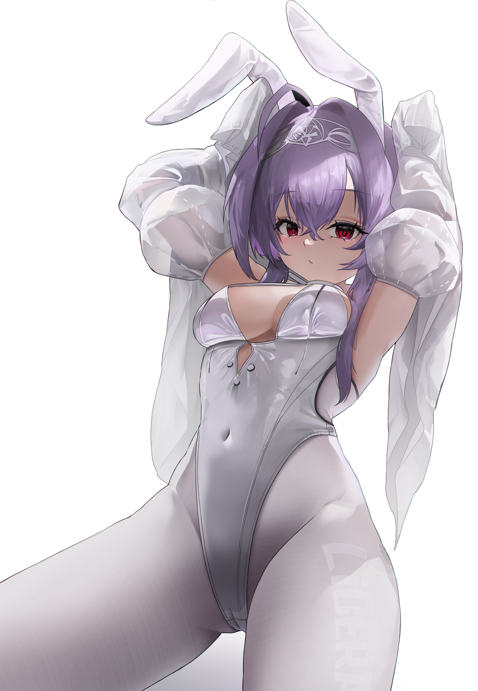 rh4a8p, liberalio (nikke), goddess of victory: nikke, absurdres, highres, 1girl, ahoge, animal ears, breasts, cameltoe, character name, cleavage, covered erect nipples, detached sleeves, fang, hair between eyes, hairband, leotard, looking at viewer, pantyhose, purple hair, rabbit ears, rabbit pose, red eyes, short hair with long locks, skin fang, small breasts, solo, standing, white background, white hairband, white leotard, white pantyhose, white sleeves