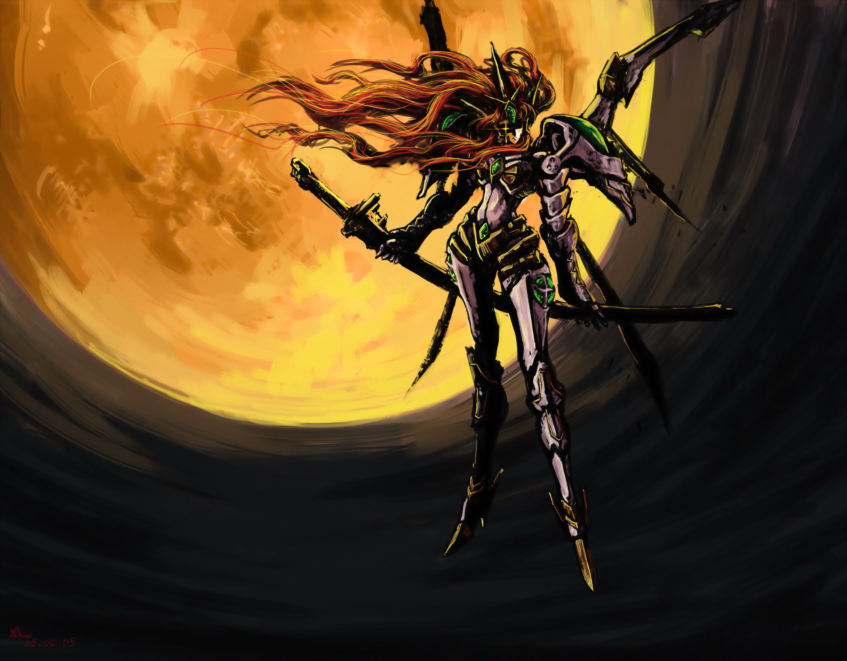 jian huang, valsione, valsione r, banpresto, super robot wars, super robot wars original generation, super robot wars the lord of elemental, highres, mecha, moon, outdoors, robot, scimitar, sky, solo, sword, weapon