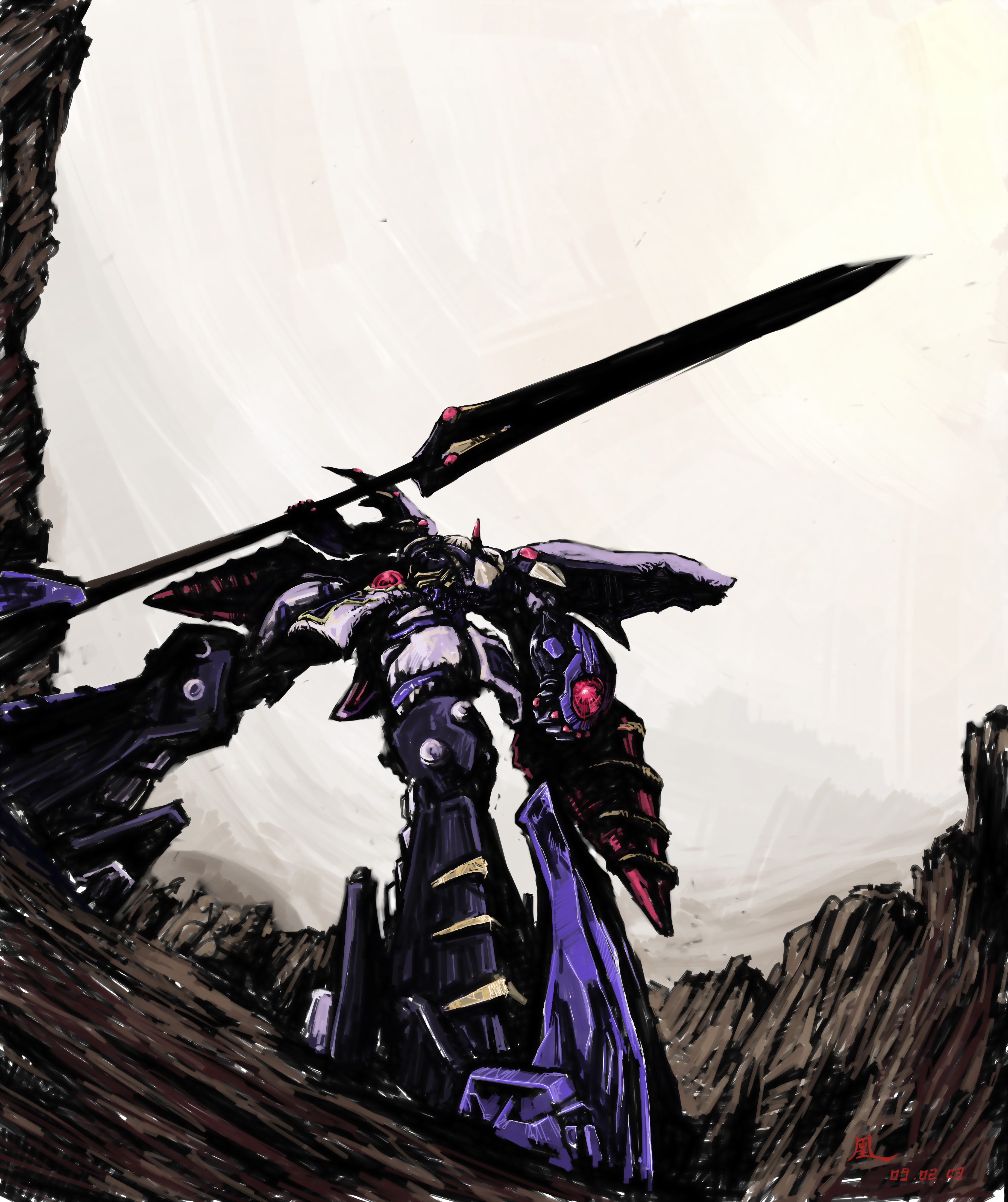 jian huang, thrudgelmir, banpresto, super robot wars, super robot wars original generation, absurdres, highres, drill, huge weapon, mecha, robot, super robot, sword, weapon