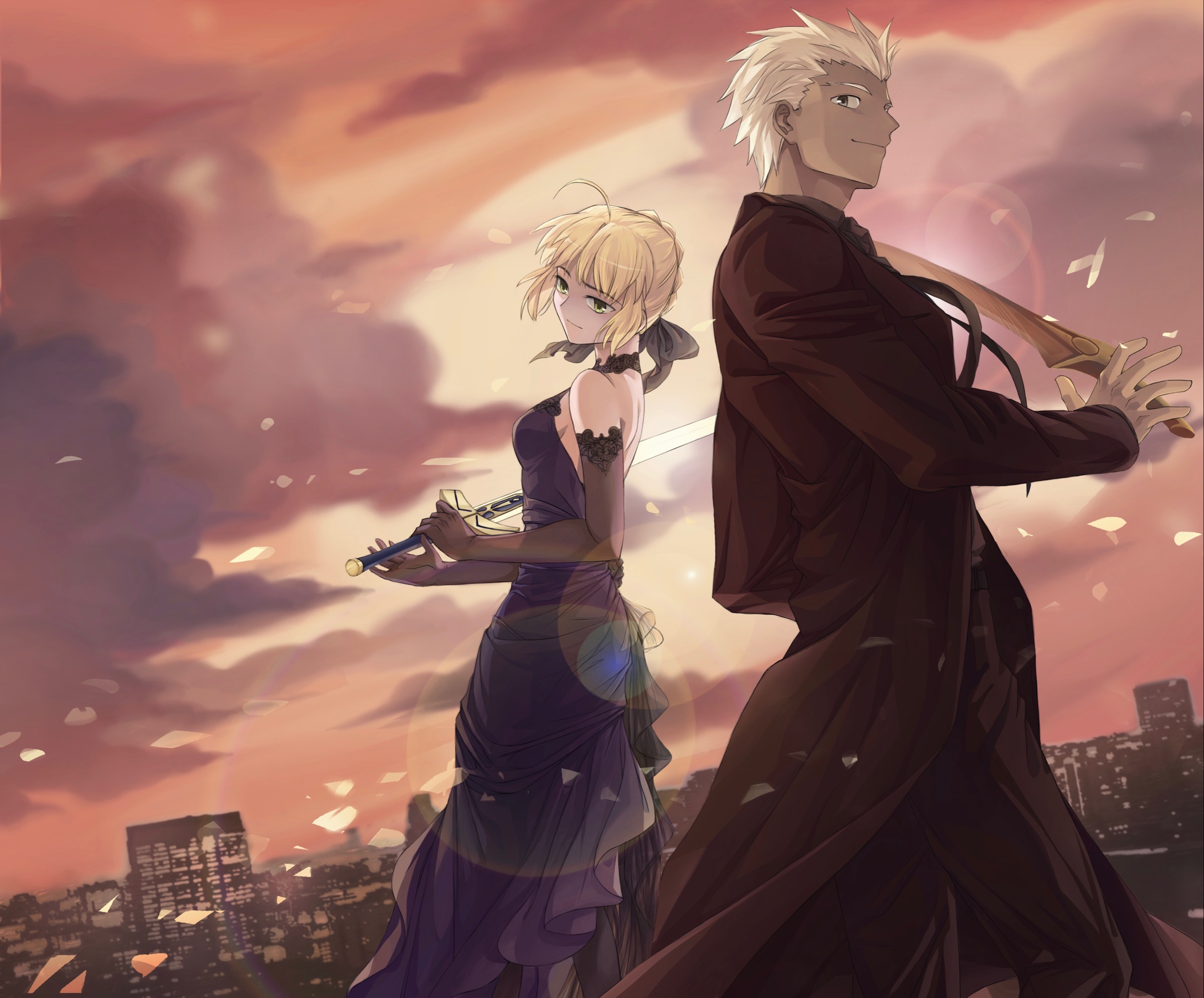 antatica11, archer (fate), artoria pendragon (fate), saber (fate), fate/stay night, fate (series), chinese commentary, commentary request, highres, 1boy, 1girl, ahoge, black choker, black coat, blonde hair, blue dress, braid, building, choker, city, cloud, coat, dark-skinned male, dark skin, dress, elbow gloves, excalibur (fate/stay night), gloves, green eyes, grey eyes, hair ribbon, holding, kanshou & bakuya (fate), lens flare, long coat, long dress, orange sky, ribbon, sky, white hair