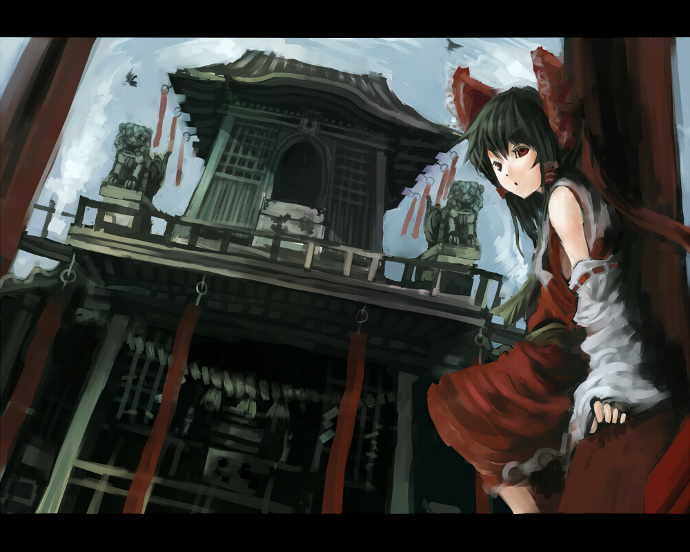 makai no juumin, hakurei reimu, touhou, bad id, bad pixiv id, 1girl, black hair, detached sleeves, female focus, japanese clothes, komainu, letterboxed, miko, outdoors, red eyes, rope, shimenawa, shrine, sky, solo, statue