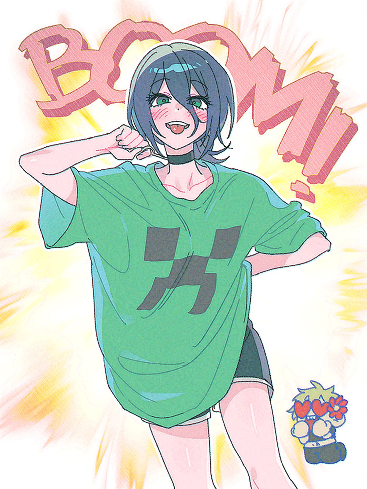 murangee, creeper, denji (chainsaw man), reze (chainsaw man), chainsaw man, minecraft, highres, 1boy, 1girl, black choker, black shorts, blue hair, character print, choker, green eyes, green shirt, grenade pin, hair between eyes, heart, heart-shaped eyes, shirt, shorts, tongue, tongue out