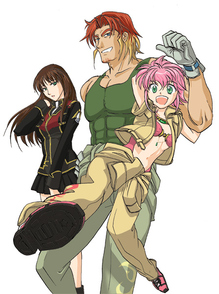 asou naruto, mail beater, mel peter, rand travis, setsuko ohara, banpresto, super robot wars, super robot wars z, super robot wars z1, uniform, 1boy, 2girls, abs, brown hair, gloves, green eyes, long hair, midriff, multicolored hair, multiple girls, pink hair, short hair, skirt, two-tone hair, vest